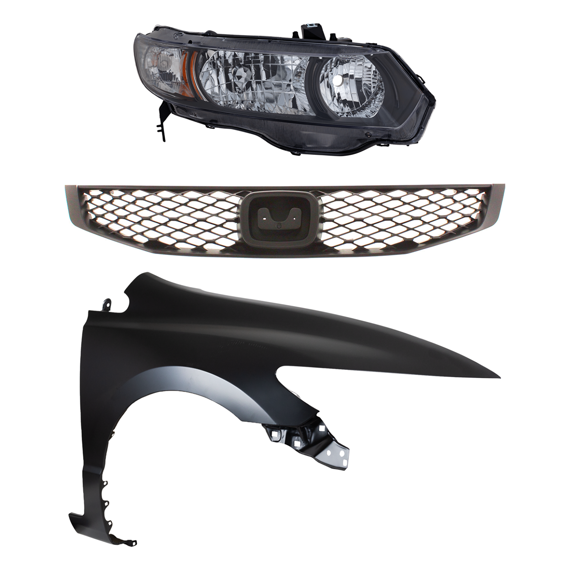 AM CIVIC 10-11 HEAD LAMP RH Lens and Housing Halogen 3 pc Kit with Fender and Grille SKU KIT 030323-15101 Partslink HO2519126 HO1241169 HO1200199 OEM 33101SVAA51-60211SVAA90ZZ 7112