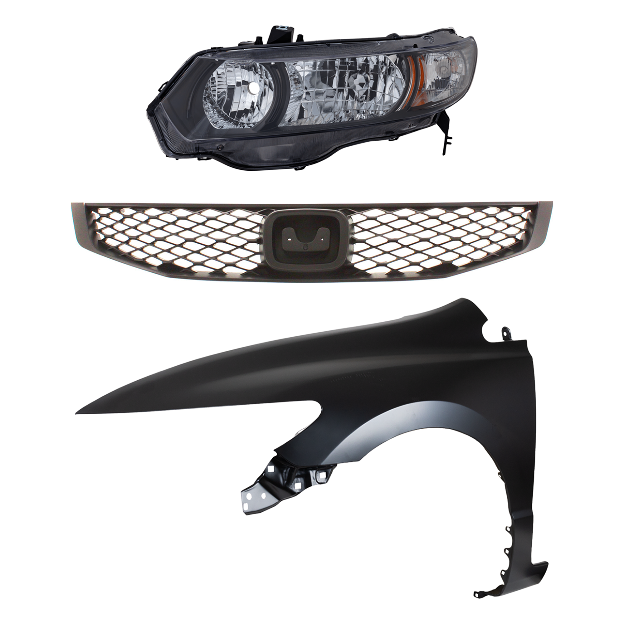 AM CIVIC 10-11 HEAD LAMP LH Lens and Housing Halogen 3 pc Kit with Fender and Grille SKU KIT 030323-15102 Partslink HO2518126 HO1240169 HO1200199 OEM 33151SVAA51-60261SVAA90ZZ 7112