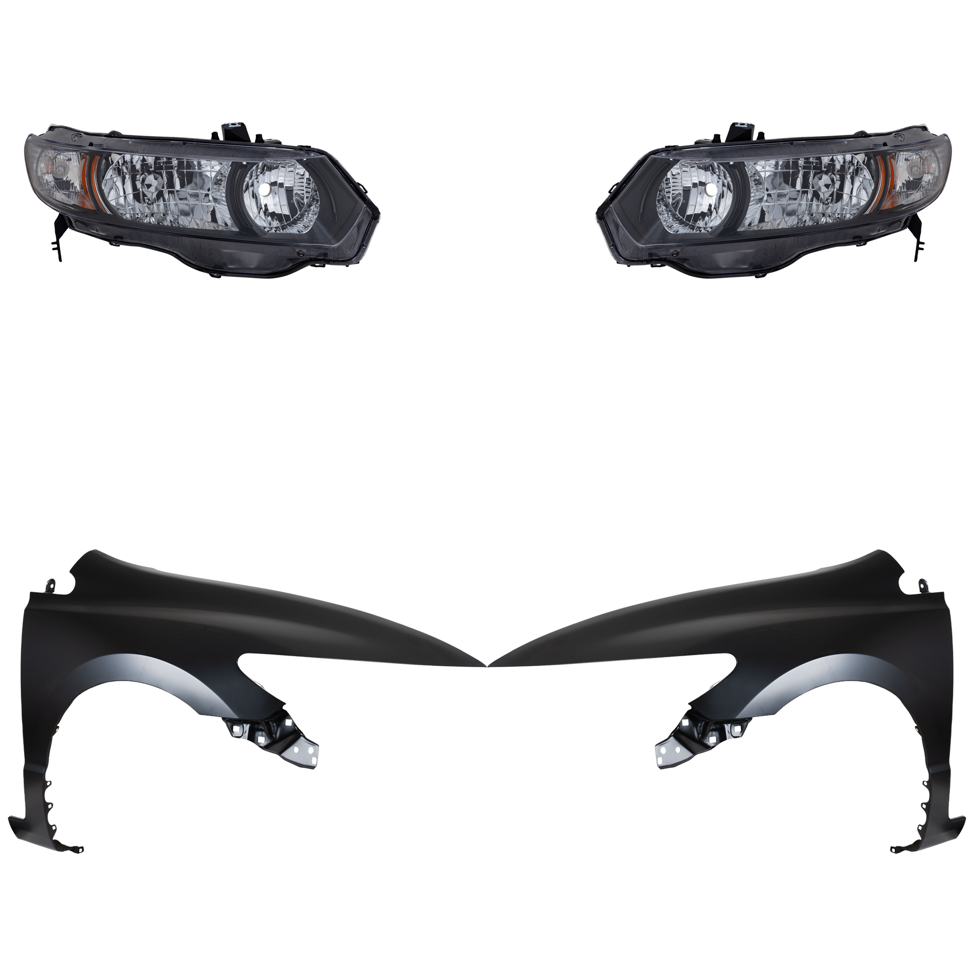 AM CIVIC 10-11 HEAD LAMP RH AND LH Lens and Housing Halogen 4 pc Kit with Fenders SKU KIT 030323-15103 Partslink HO2519126 HO2518126 HO1240169 HO1241169 OEM 33101SVAA51-33151SVAA51-60261S