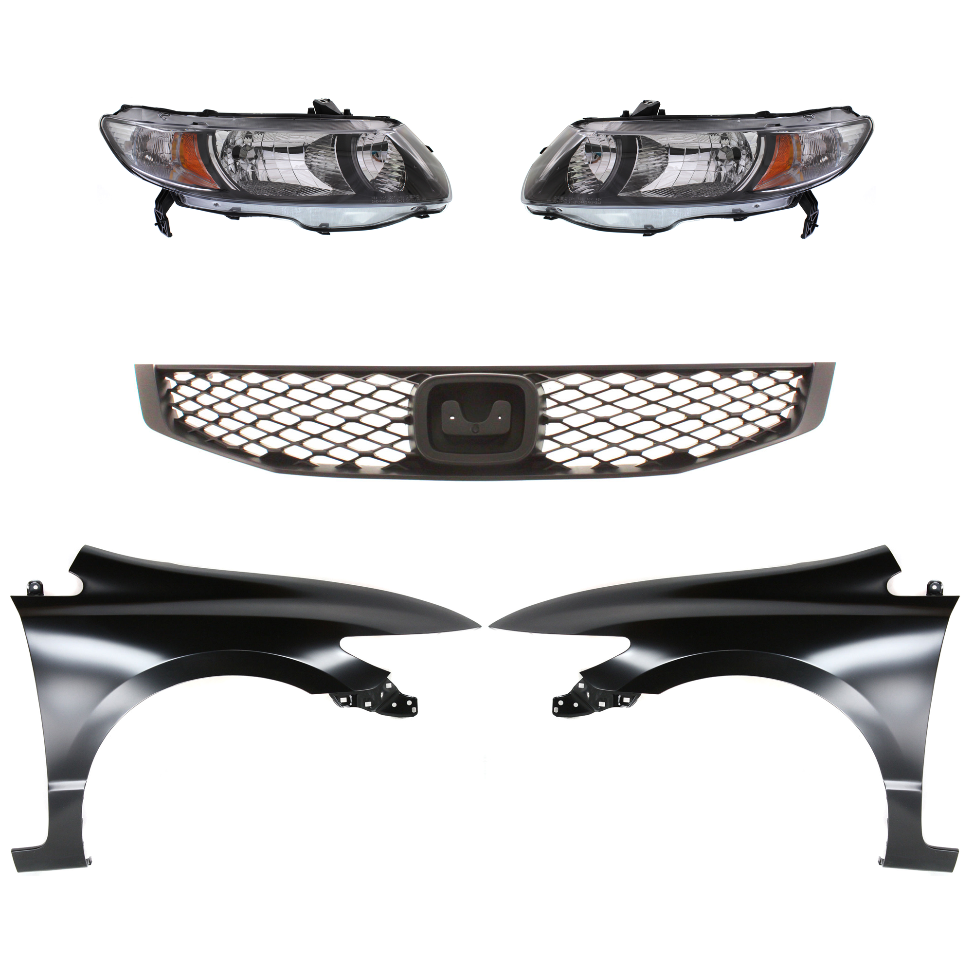 AM CIVIC 10-11 HEAD LAMP RH AND LH Lens and Housing Halogen 5 pc Kit with Fenders and Grille SKU KIT 030323-151 Partslink HO2518126 HO2519126 HO1240169 HO1241169 HO1200199 OEM 33101SVAA51-33151SVAA51-60261S