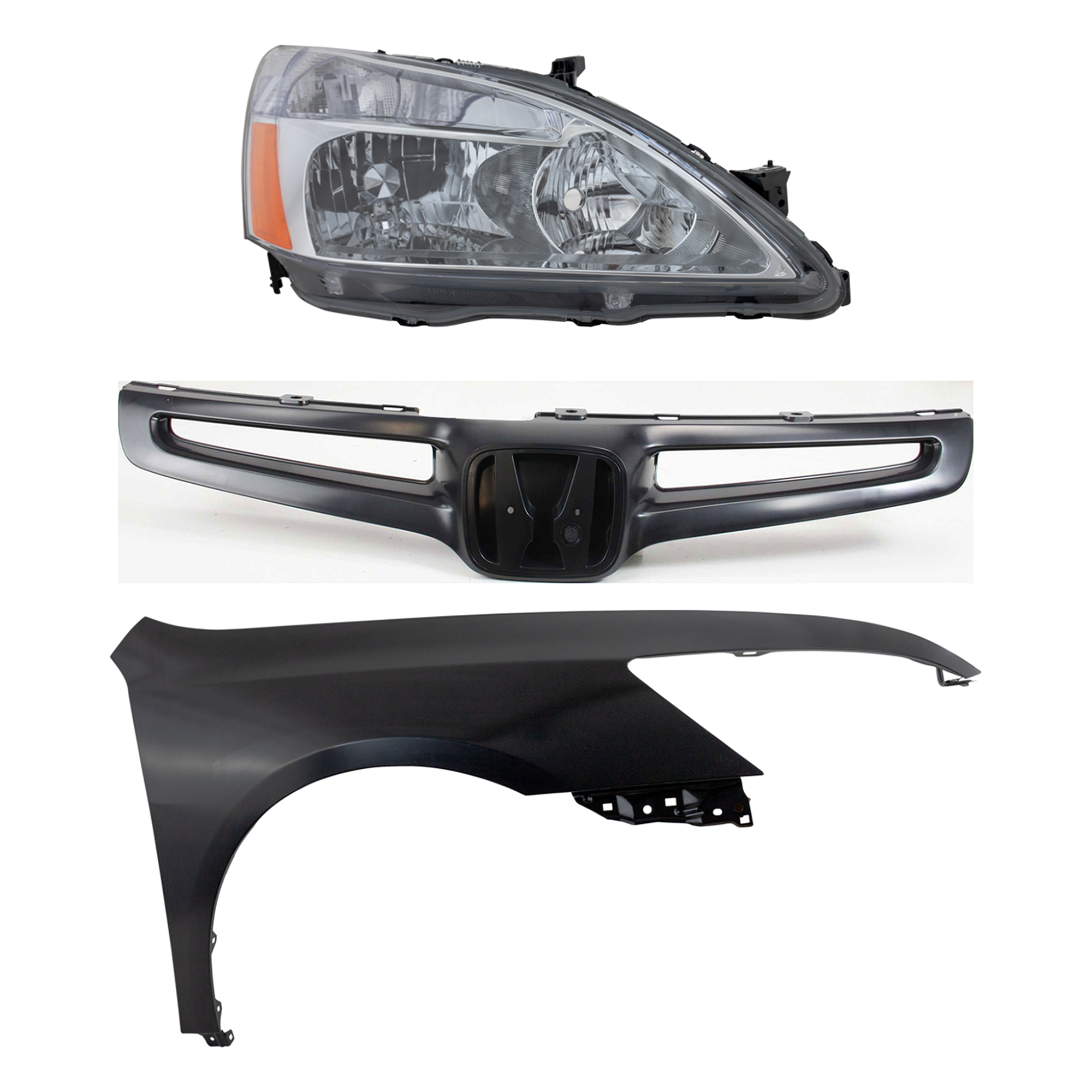 AM ACCORD 03-05 HEAD LAMP RH Lens and Housing Halogen 3 pc Kit with Fender and Grille Assembly CAPA SKU KIT 030323-16301 Partslink HO1200157 HO1241157C HO2503120C OEM 04620SDAA90ZZ 33101SDAA01-7112