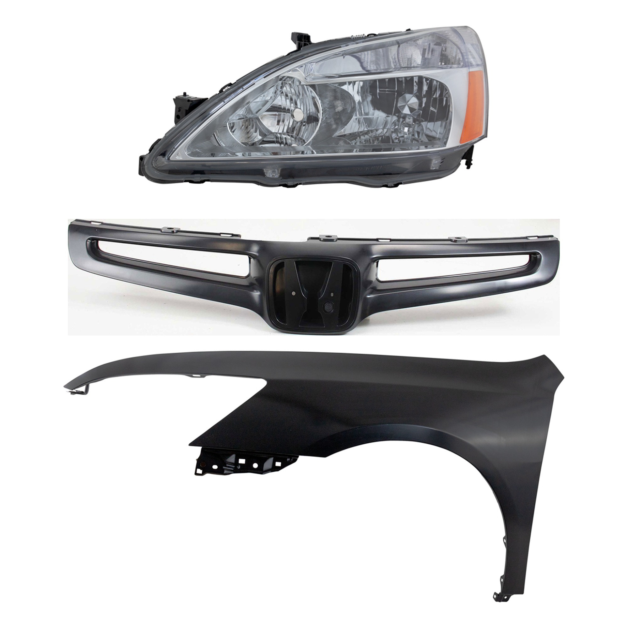AM ACCORD 03-05 HEAD LAMP LH Lens and Housing Halogen 3 pc Kit with Fender and Grille Assembly SKU KIT 030323-16302 Partslink HO1200157 HO1240157C HO2502120C OEM 04630SDAA90ZZ 33151SDAA01-7112