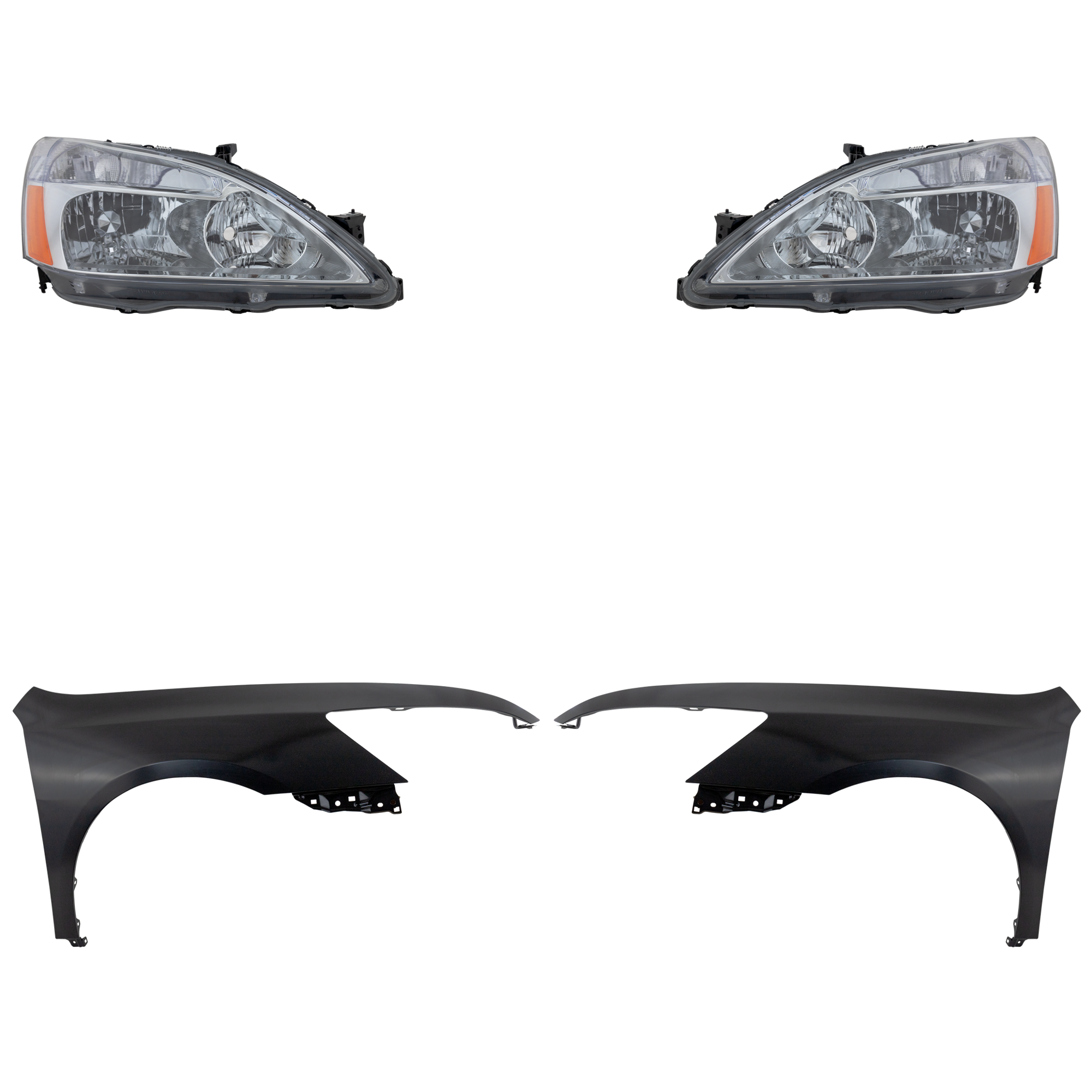 AM ACCORD 03-05 HEAD LAMP RH AND LH Lens and Housing Halogen 4 pc Kit with Fenders SKU KIT 030323-16303 Partslink HO1240157C HO1241157C HO2502120C HO2503120C OEM 04620SDAA90ZZ 04630SDAA90ZZ 33