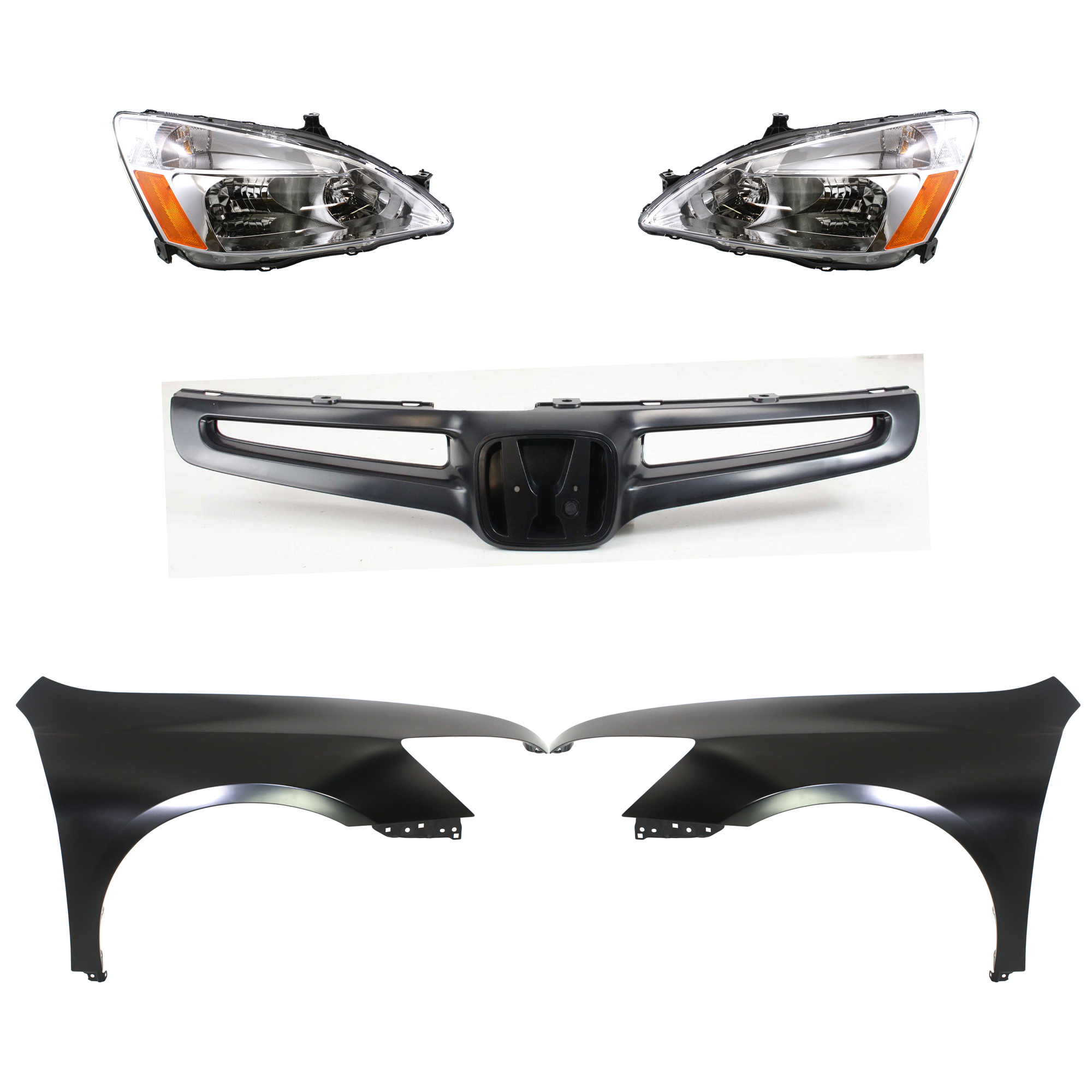 AM ACCORD 03-05 HEAD LAMP RH AND LH Lens and Housing Halogen 5 pc Kit with Fenders and Grille Assembly SKU KIT 030323-163 Partslink HO1200157 HO1240157C HO1241157C HO2502120C HO2503120C OEM 04620SDAA90ZZ 04630SDAA90ZZ 33
