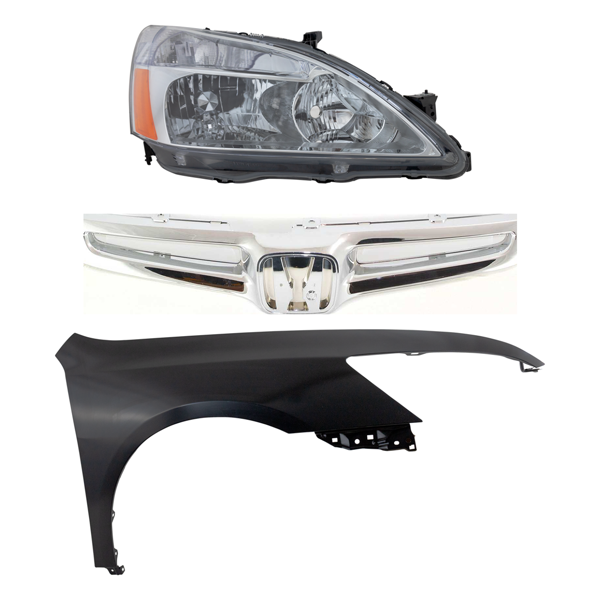 AM ACCORD 03-05 HEAD LAMP RH Lens and Housing Halogen 3 pc Kit with Fender and Grille Assembly CAPA SKU KIT 030323-16401 Partslink HO1241157C HO2503120C Performance OEM 04620SDAA90ZZ 33101SDAA01 Perf