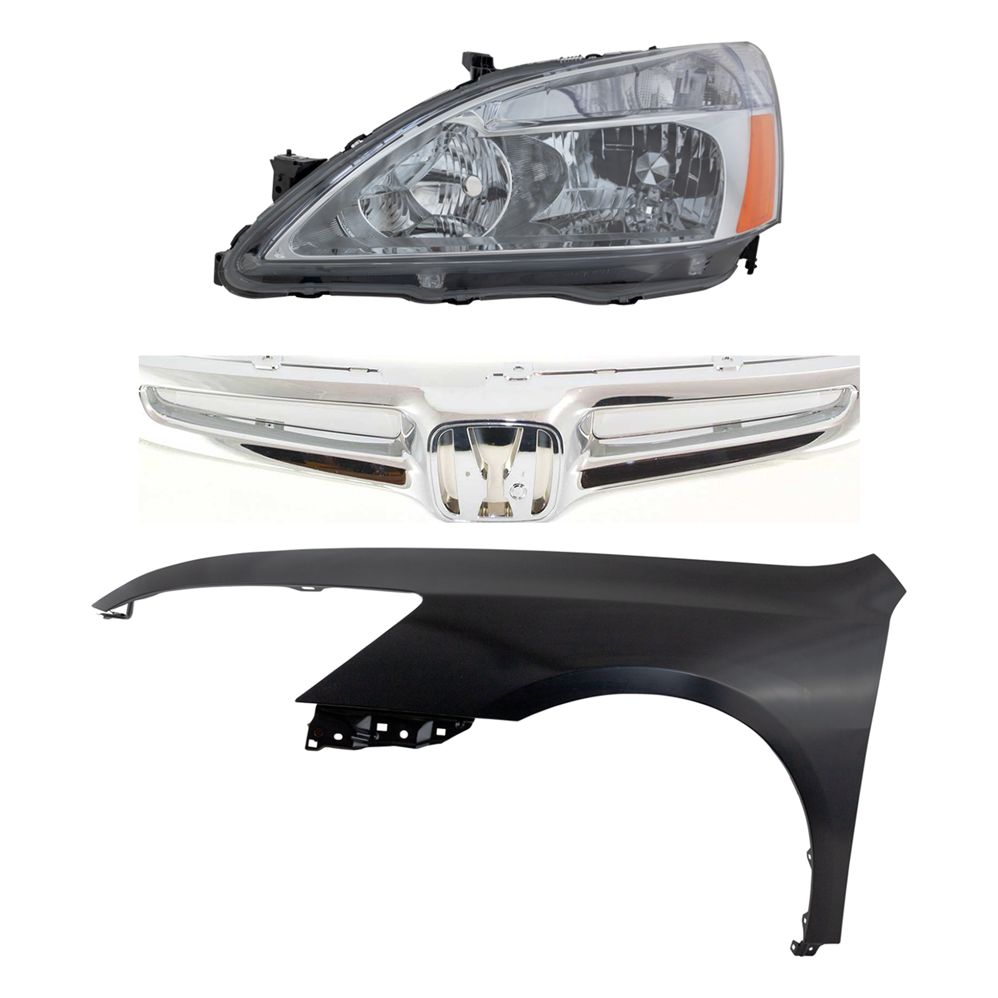 AM ACCORD 03-05 HEAD LAMP LH Lens and Housing Halogen 3 pc Kit with Fender and Grille Assembly SKU KIT 030323-16402 Partslink HO1240157C HO2502120C Performance OEM 04630SDAA90ZZ 33151SDAA01 Perf