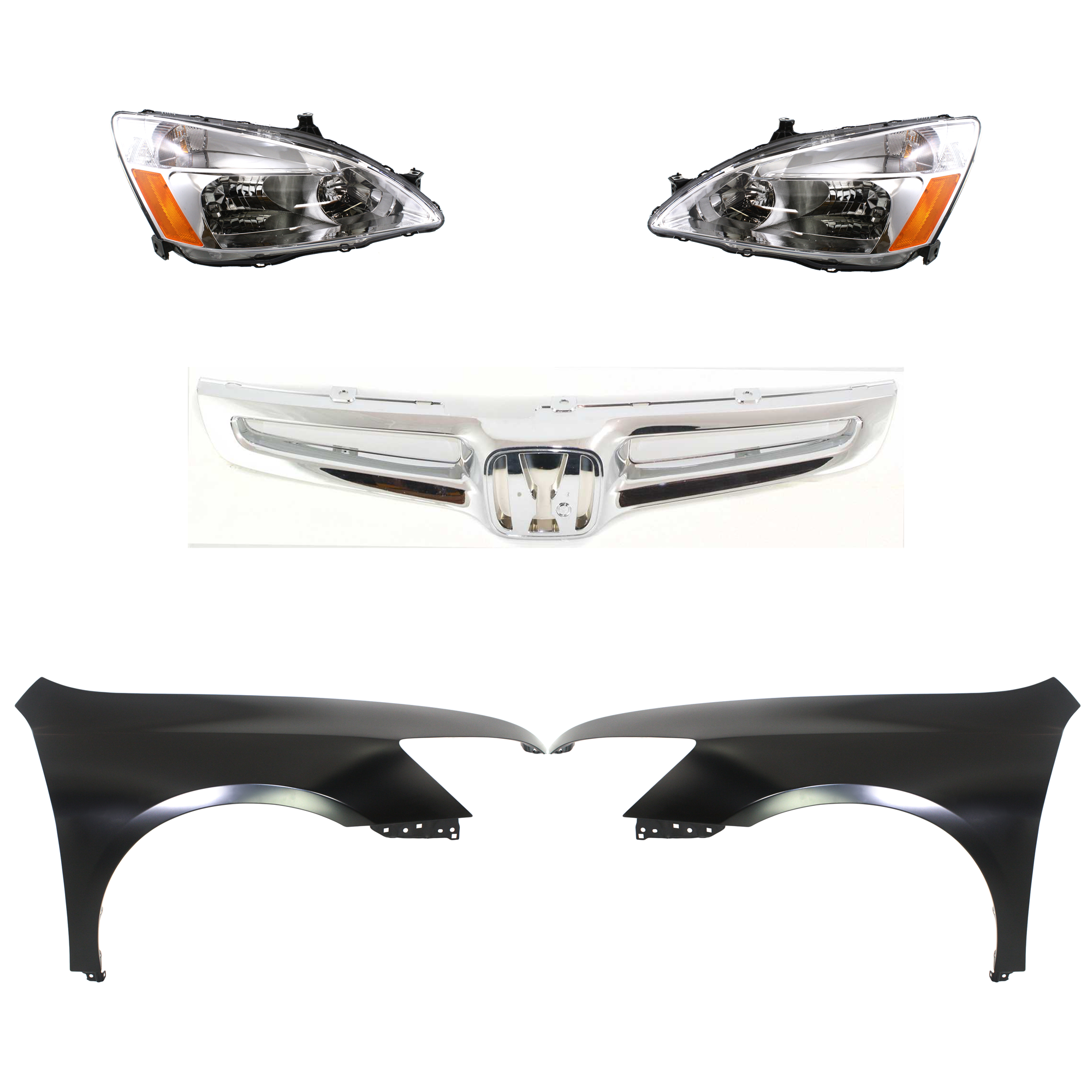 AM ACCORD 03-05 HEAD LAMP RH AND LH Lens and Housing Halogen 5 pc Kit with Fenders and Grille Assembly SKU KIT 030323-164 Partslink HO1240157C HO1241157C HO2502120C HO2503120C Performance OEM 04620SDAA90ZZ 04630SDAA90ZZ 33
