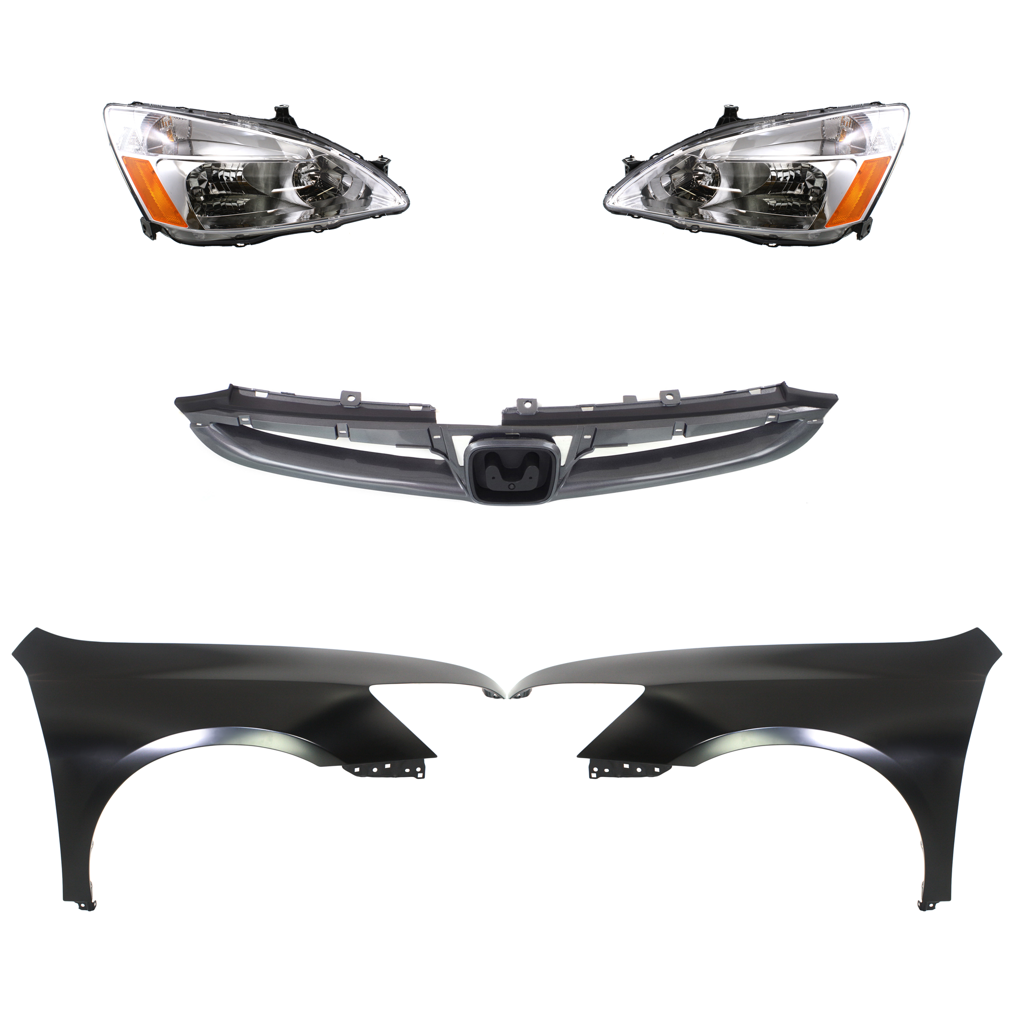 AM ACCORD 06-07 HEAD LAMP RH AND LH Lens and Housing Halogen 5 pc Kit with Fenders and Grille Assembly SKU KIT 030323-165 Partslink HO1200179C HO1240157C HO1241157C HO2502120C HO2503120C OEM 04620SDAA90ZZ 04630SDAA90ZZ 33