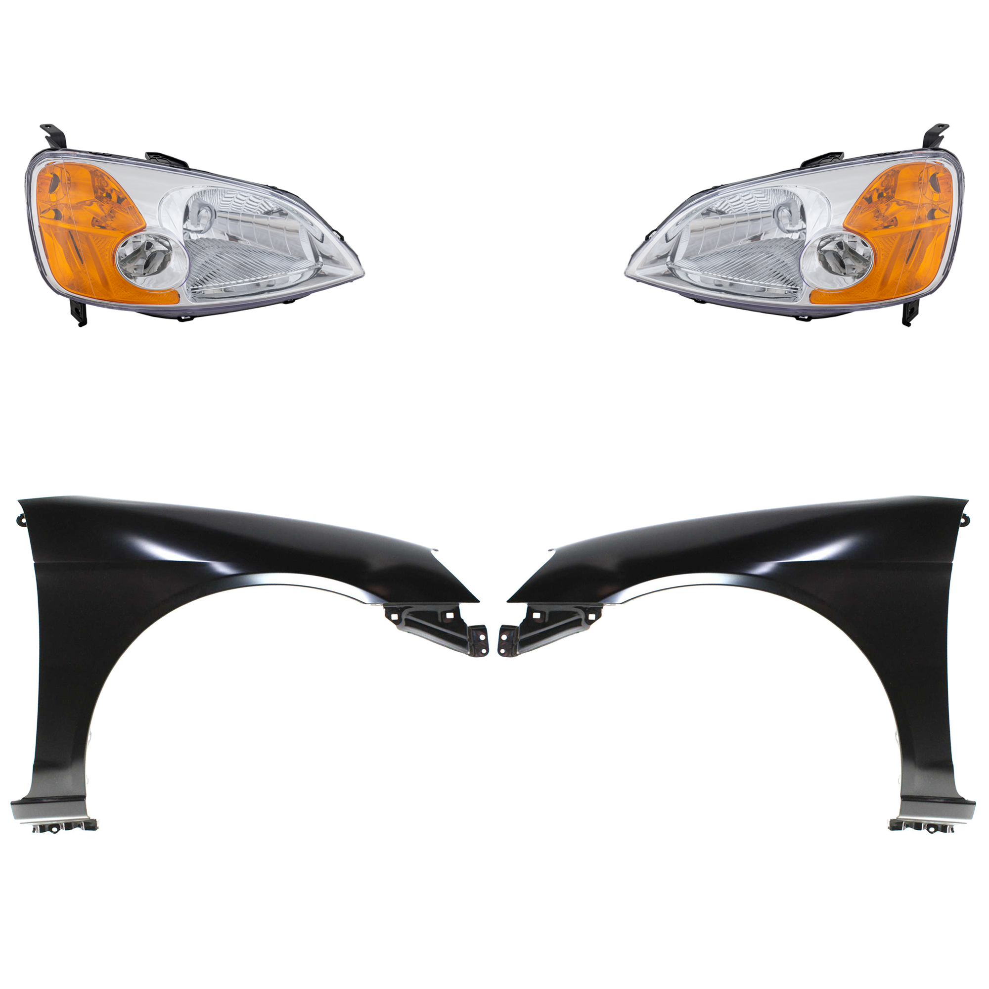AM CIVIC 01-03 HEAD LAMP RH AND LH Lens and Housing Halogen 4 pc Kit with Fenders SKU KIT 030323-17303 Partslink HO2503116 HO2502116 HO1240153 HO1241153 OEM 33101S5AA01-33151S5AA01-60261S
