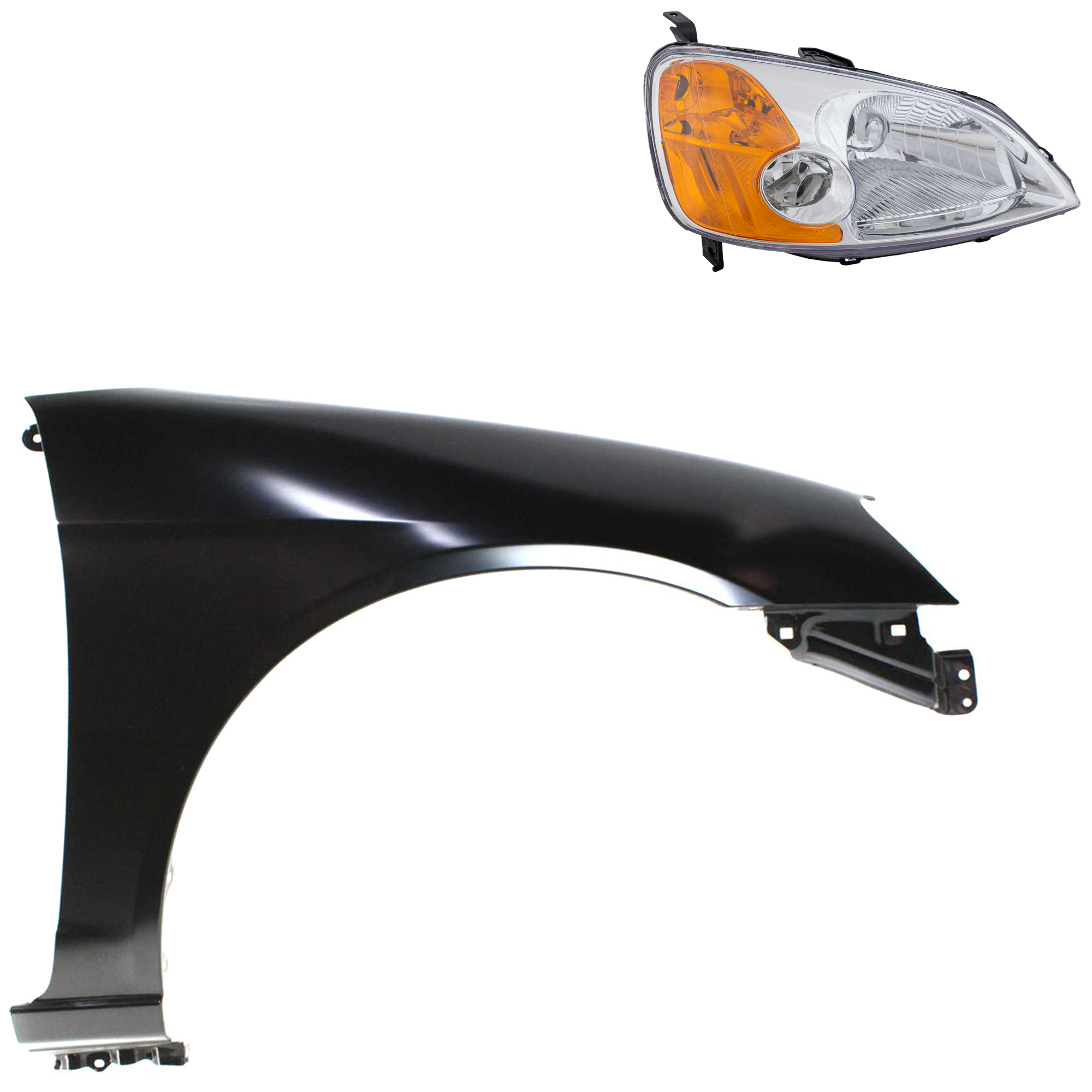 AM CIVIC 01-03 HEAD LAMP RH Lens and Housing Halogen 2 pc Kit with Fender SKU KIT 030323-17304 Partslink HO2503116 HO1241153 OEM 33101S5AA01-60211S5DA90ZZ