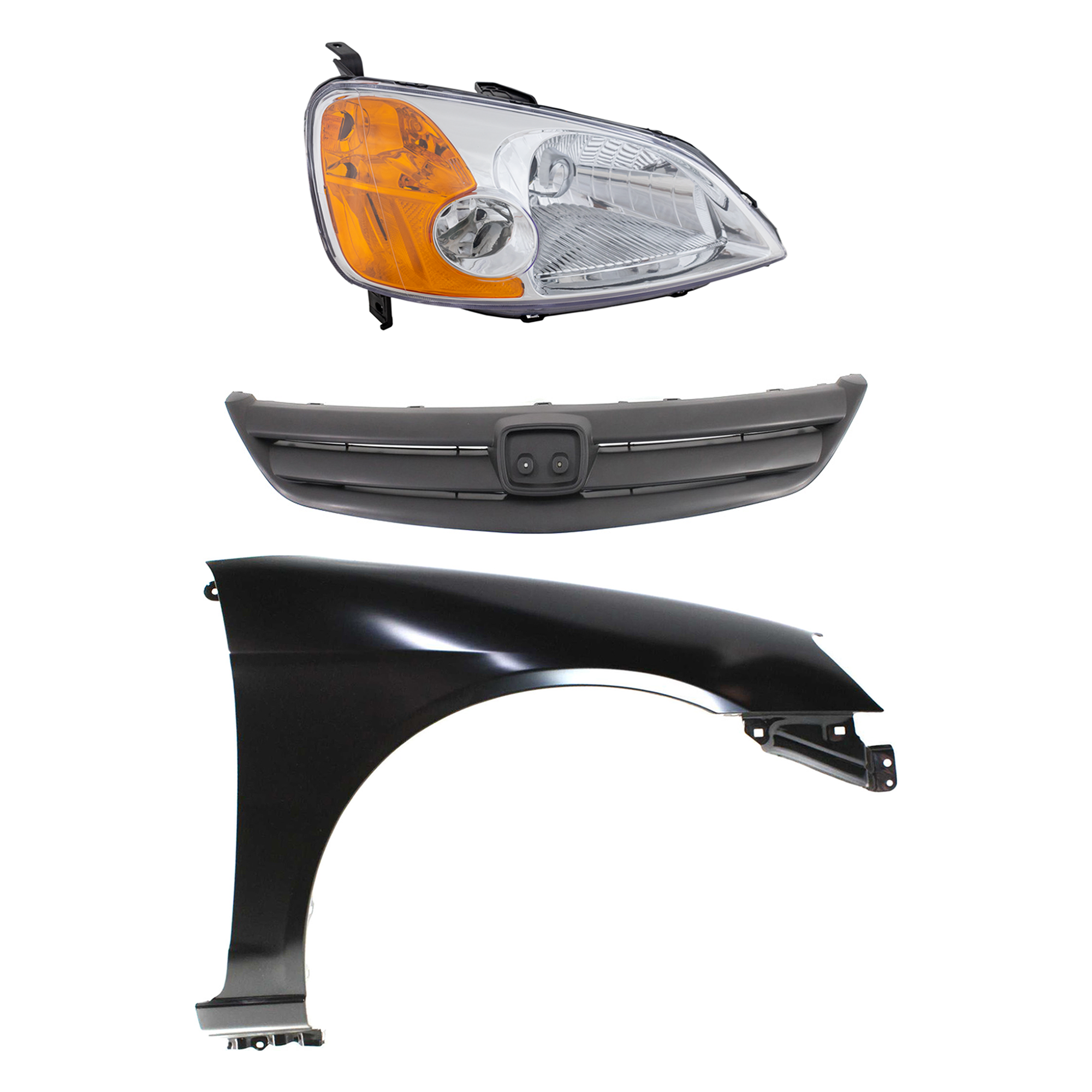AM CIVIC 01-03 HEAD LAMP RH Lens and Housing Halogen 3 pc Kit with Fender and Grille SKU KIT 030323-17401 Partslink HO2503116 HO1241153 HO1200154 OEM 33101S5AA01-60211S5DA90ZZ 7112