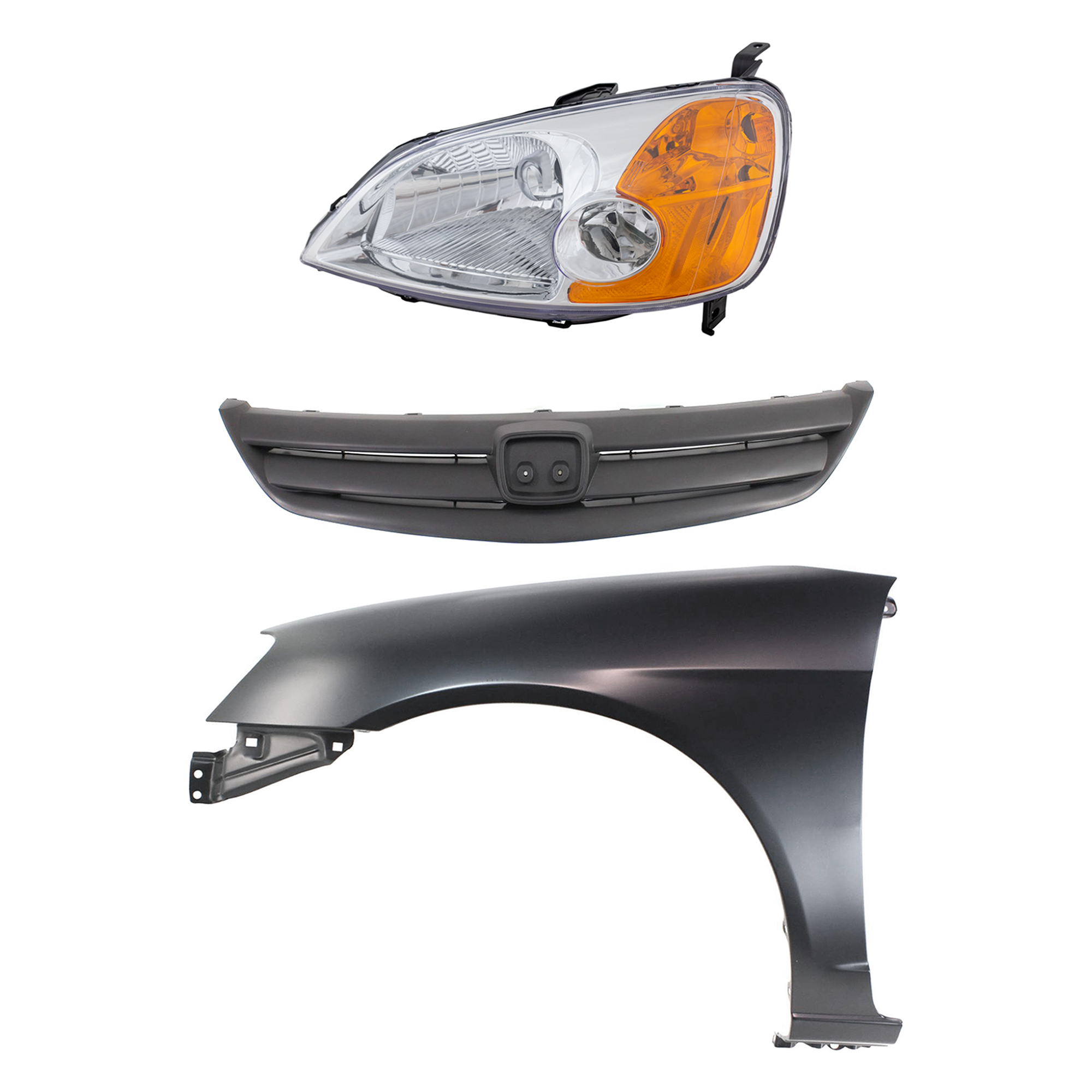 AM CIVIC 01-03 HEAD LAMP LH Lens and Housing Halogen 3 pc Kit with Fender and Grille SKU KIT 030323-17402 Partslink HO2502116 HO1240153 HO1200154 OEM 33151S5AA01-60261S5DA90ZZ 7112