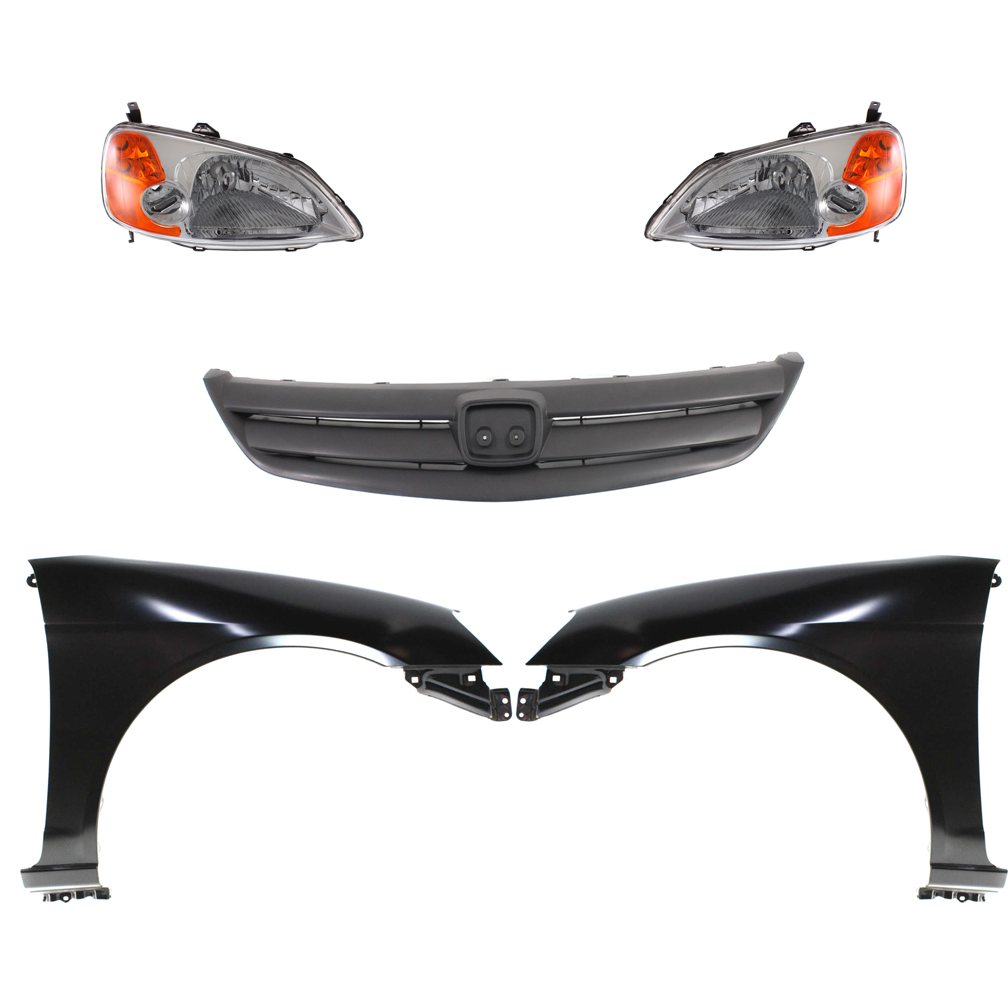 AM CIVIC 01-03 HEAD LAMP RH AND LH Lens and Housing Halogen 5 pc Kit with Fenders and Grille SKU KIT 030323-174 Partslink HO2502116 HO2503116 HO1240153 HO1241153 HO1200154 OEM 33101S5AA01-33151S5AA01-60261S