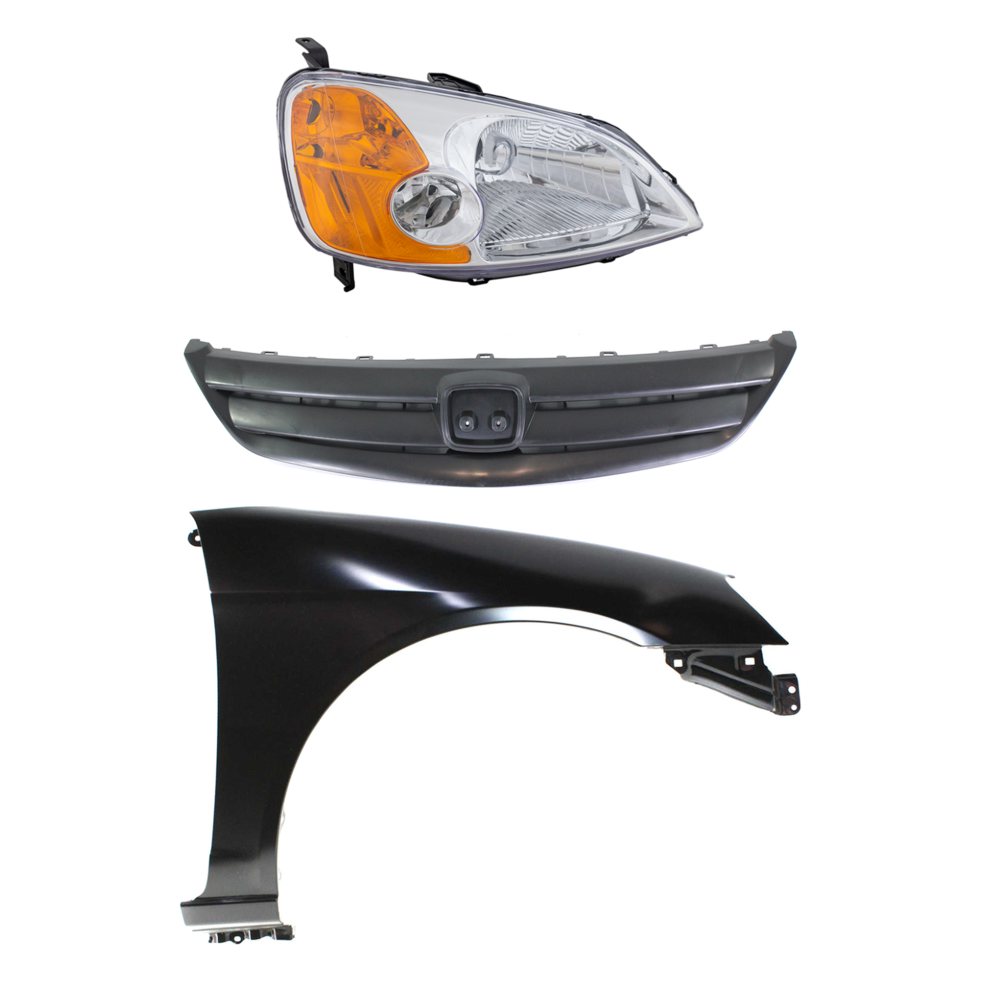 AM CIVIC 01-03 HEAD LAMP RH Lens and Housing Halogen 3 pc Kit with Fender and Grille SKU KIT 030323-17501 Partslink HO2503116 HO1241153 HO1200155 OEM 33101S5AA01-60211S5DA90ZZ Perf