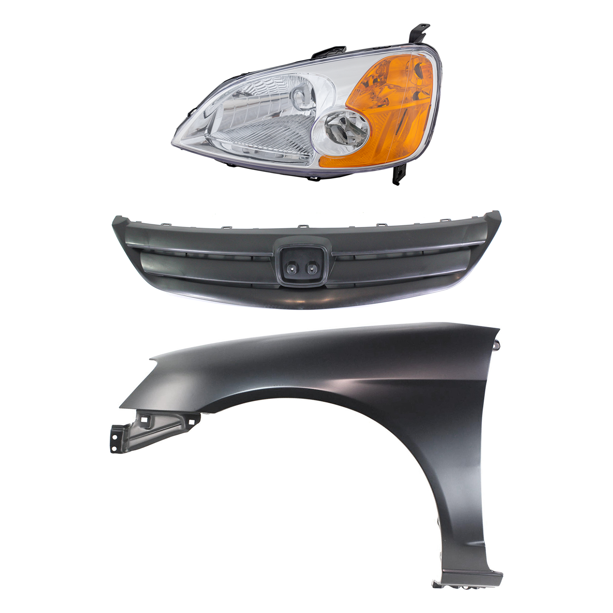 AM CIVIC 01-03 HEAD LAMP LH Lens and Housing Halogen 3 pc Kit with Fender and Grille SKU KIT 030323-17502 Partslink HO2502116 HO1240153 HO1200155 OEM 33151S5AA01-60261S5DA90ZZ Perf
