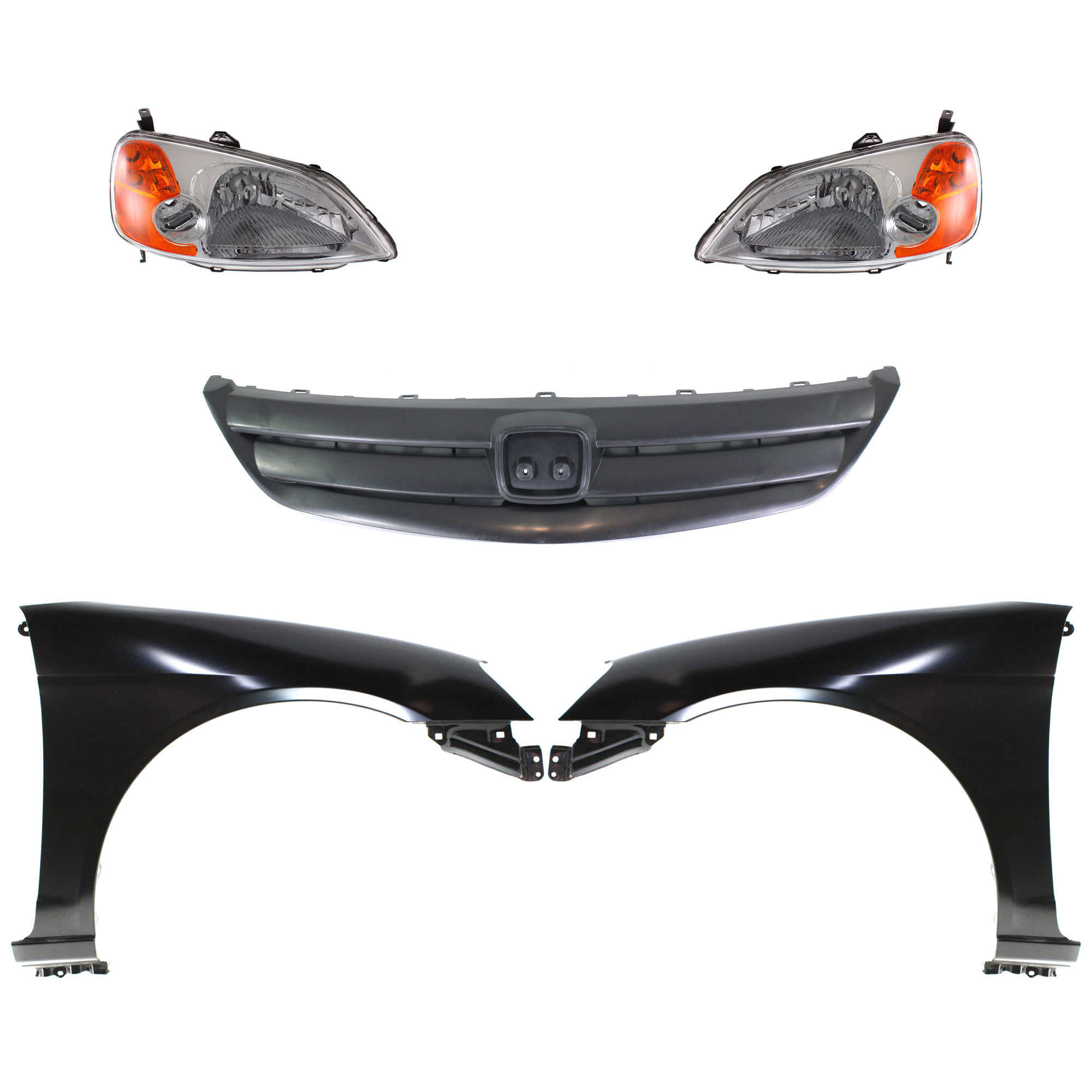 AM CIVIC 01-03 HEAD LAMP RH AND LH Lens and Housing Halogen 5 pc Kit with Fenders and Grille SKU KIT 030323-175 Partslink HO2503116 HO2502116 HO1240153 HO1241153 HO1200155 OEM 33101S5AA01-33151S5AA01-60261S