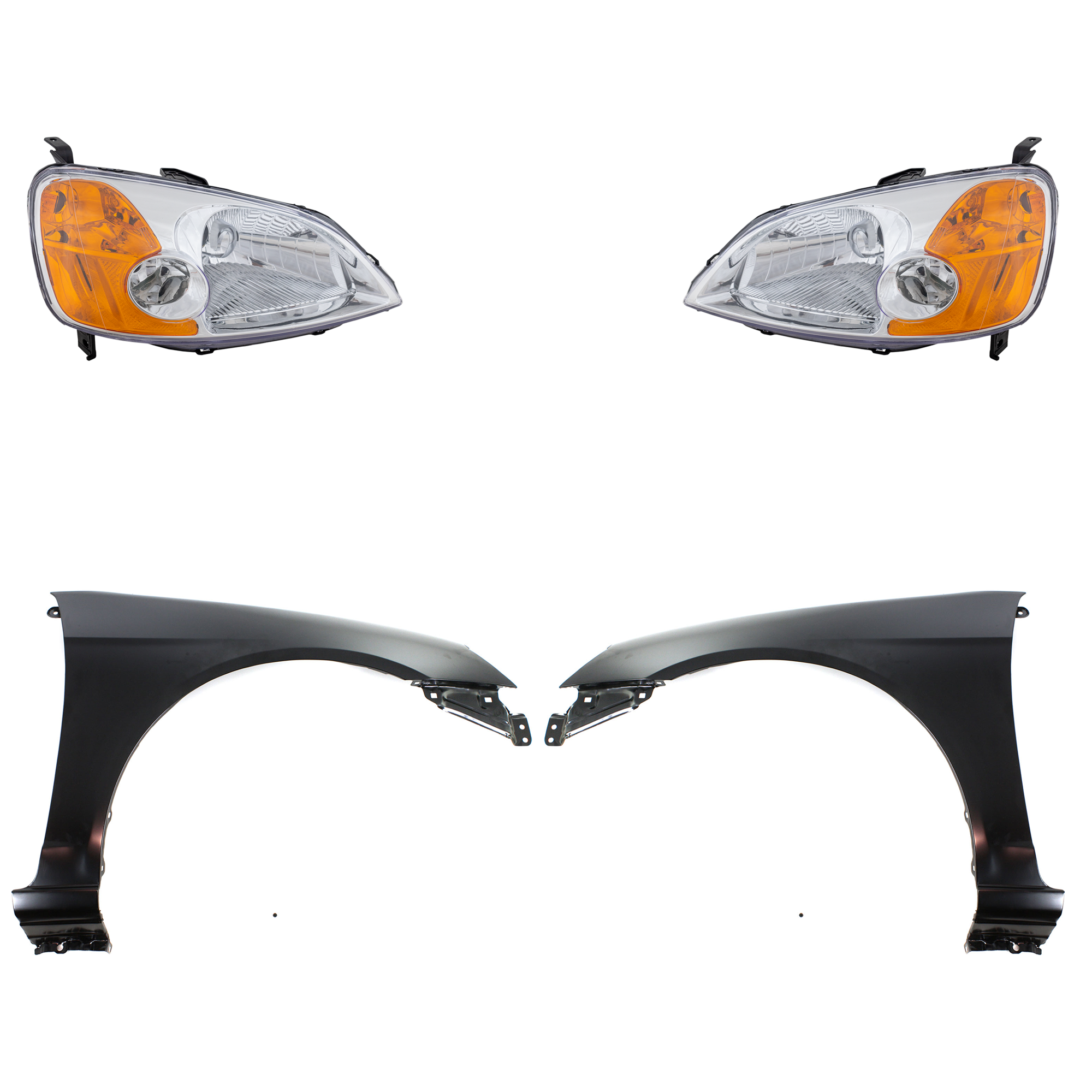 AM CIVIC 01-03 HEAD LAMP RH AND LH Lens and Housing Halogen 4 pc Kit with Fenders CAPA SKU KIT 030323-17603 Partslink HO1240153C HO1241153C HO2502116C HO2503116C OEM 33101S5AA01-33151S5AA01-60211S