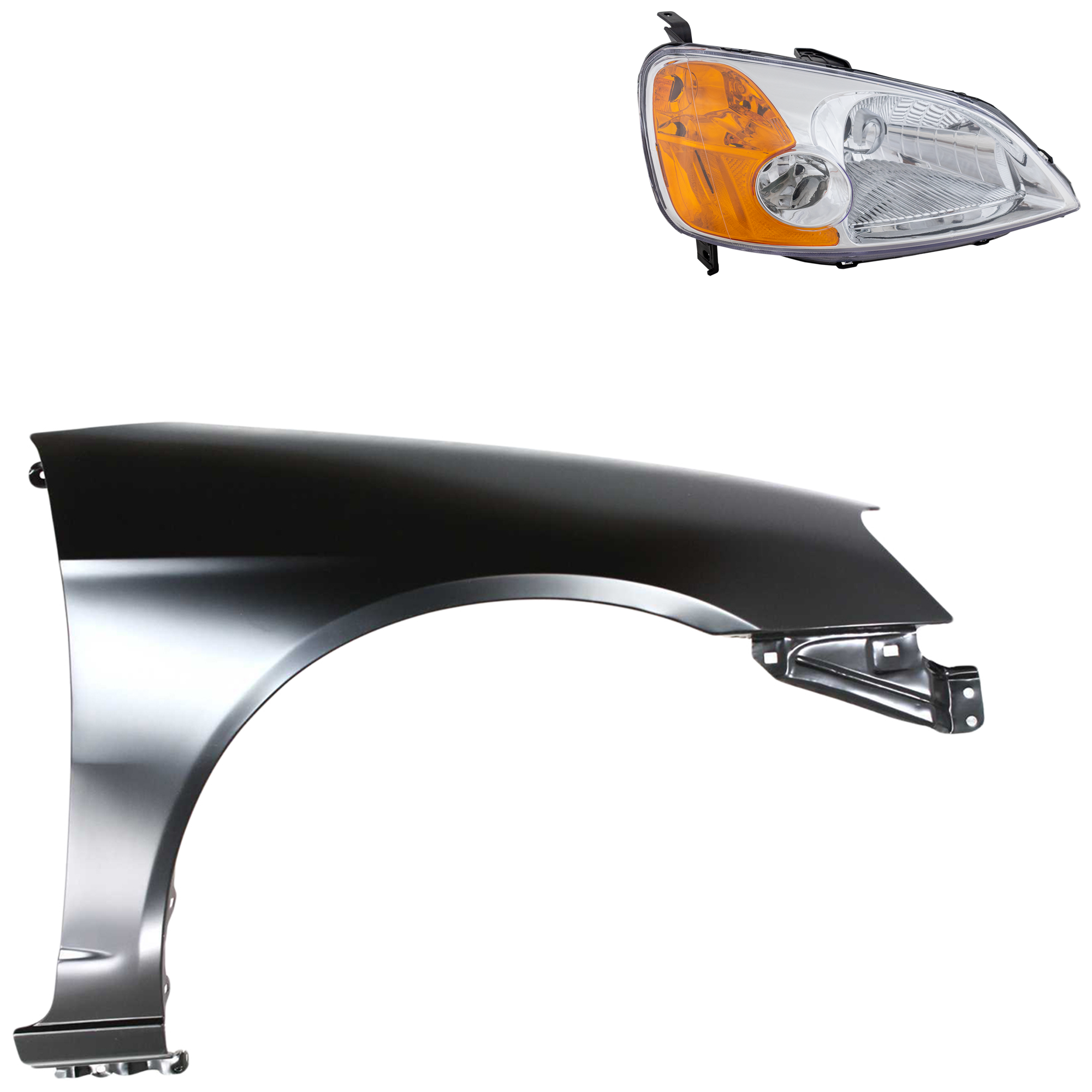 AM CIVIC 01-03 HEAD LAMP RH Lens and Housing Halogen 2 pc Kit with Fender CAPA SKU KIT 030323-17604 Partslink HO1241153C HO2503116C OEM 33101S5AA01-60211S5DA90ZZ