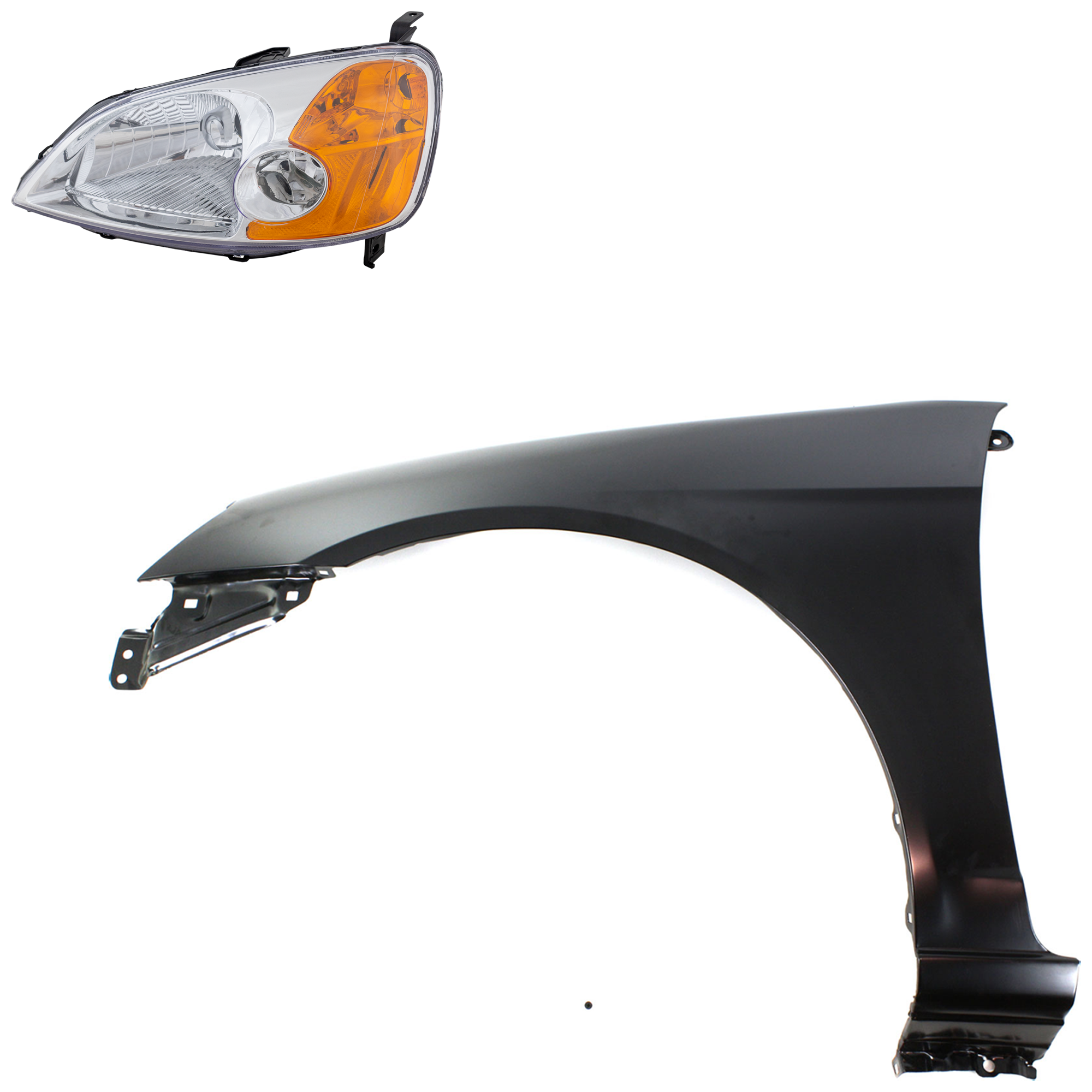 AM CIVIC 01-03 HEAD LAMP LH Lens and Housing Halogen 2 pc Kit with Fender SKU KIT 030323-17605 Partslink HO1240153C HO2502116C OEM 33151S5AA01-60261S5DA90ZZ