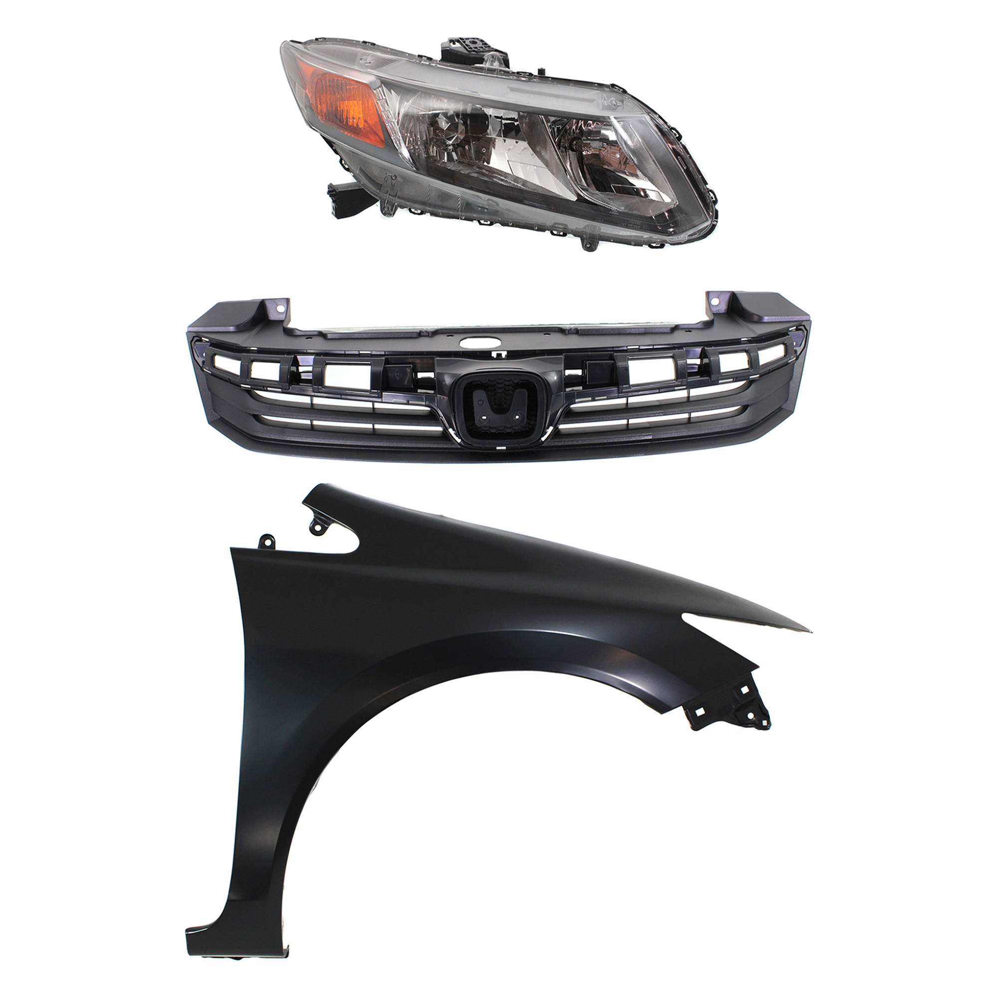 AM CIVIC 12-12 HEAD LAMP RH Assembly Halogen 3 pc Kit with Fender and Grille SKU KIT 030323-17701 Partslink HO2503144 HO1241181 HO1200206 OEM 33100TR0A01-60211TR6305ZZ 7112