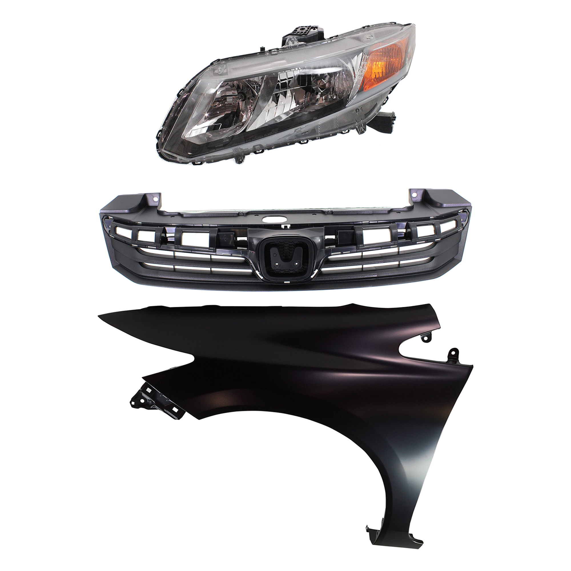 AM CIVIC 12-12 HEAD LAMP LH Assembly Halogen 3 pc Kit with Fender and Grille SKU KIT 030323-17702 Partslink HO2502144 HO1240181 HO1200206 OEM 33150TR0A01-60261TR6305ZZ 7112