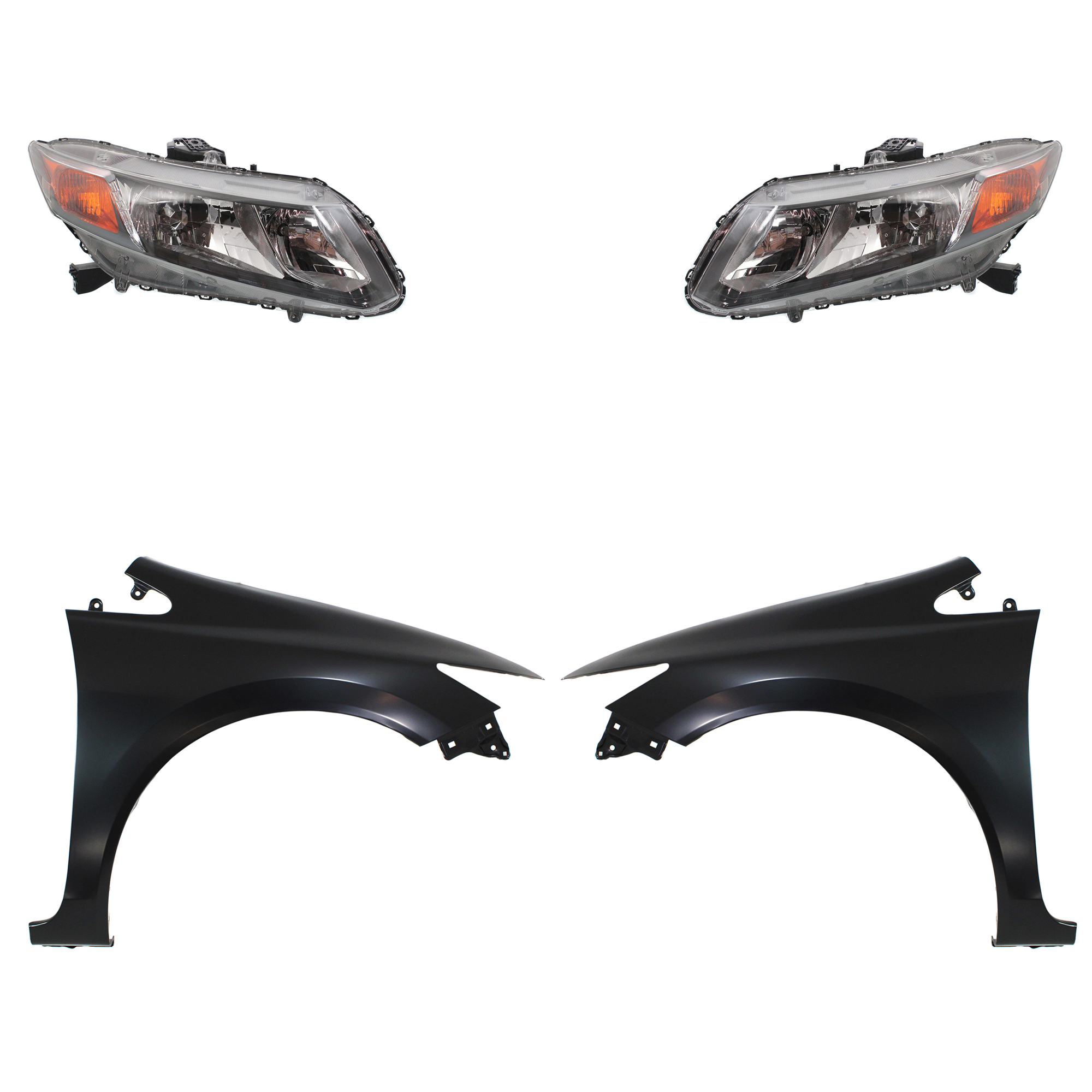 AM CIVIC 12-12 HEAD LAMP RH AND LH Assembly Halogen 4 pc Kit with Fenders SKU KIT 030323-17703 Partslink HO2503144 HO2502144 HO1240181 HO1241181 OEM 33100TR0A01-33150TR0A01-60261T