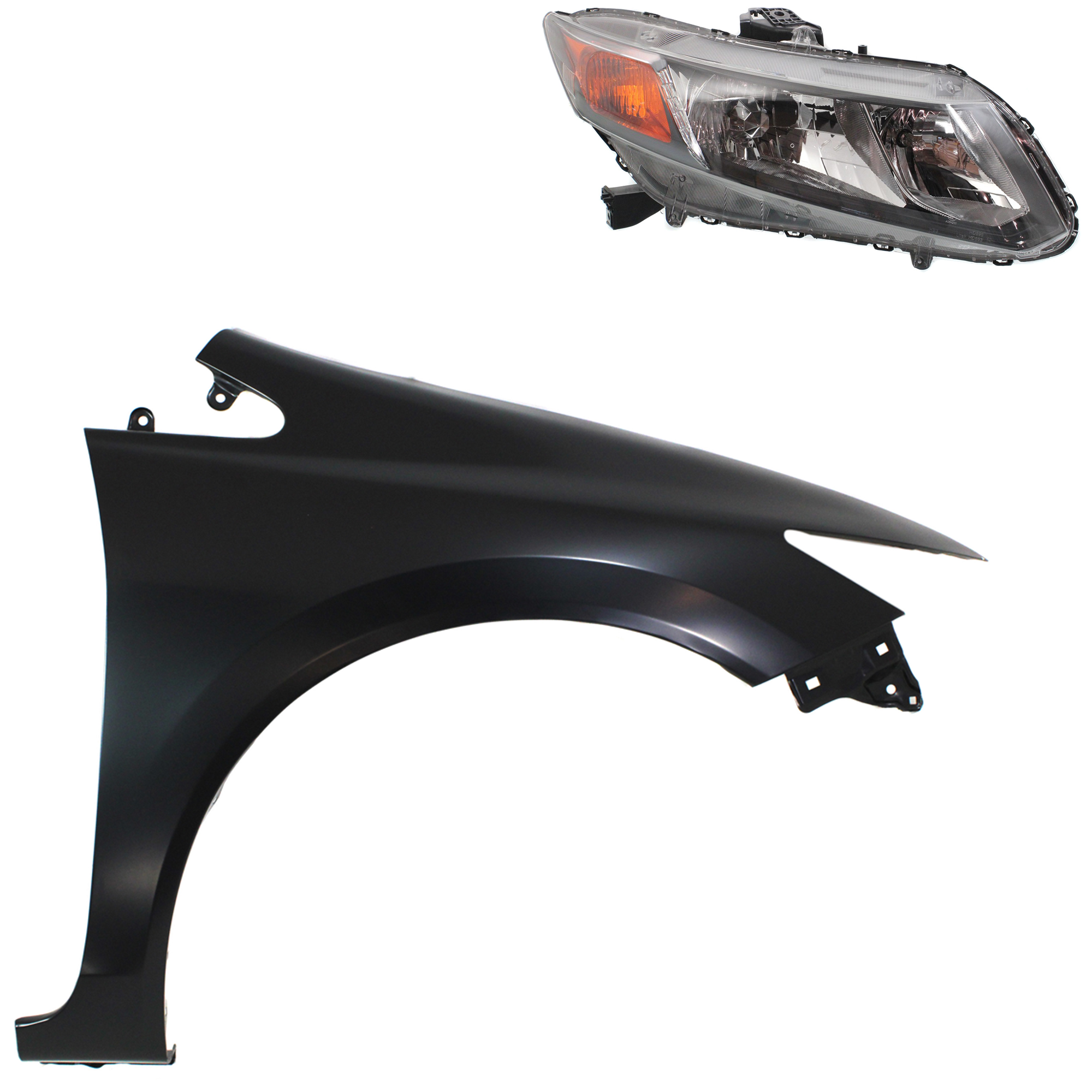 AM CIVIC 12-12 HEAD LAMP RH Assembly Halogen 2 pc Kit with Fender SKU KIT 030323-17704 Partslink HO2503144 HO1241181 OEM 33100TR0A01-60211TR6305ZZ