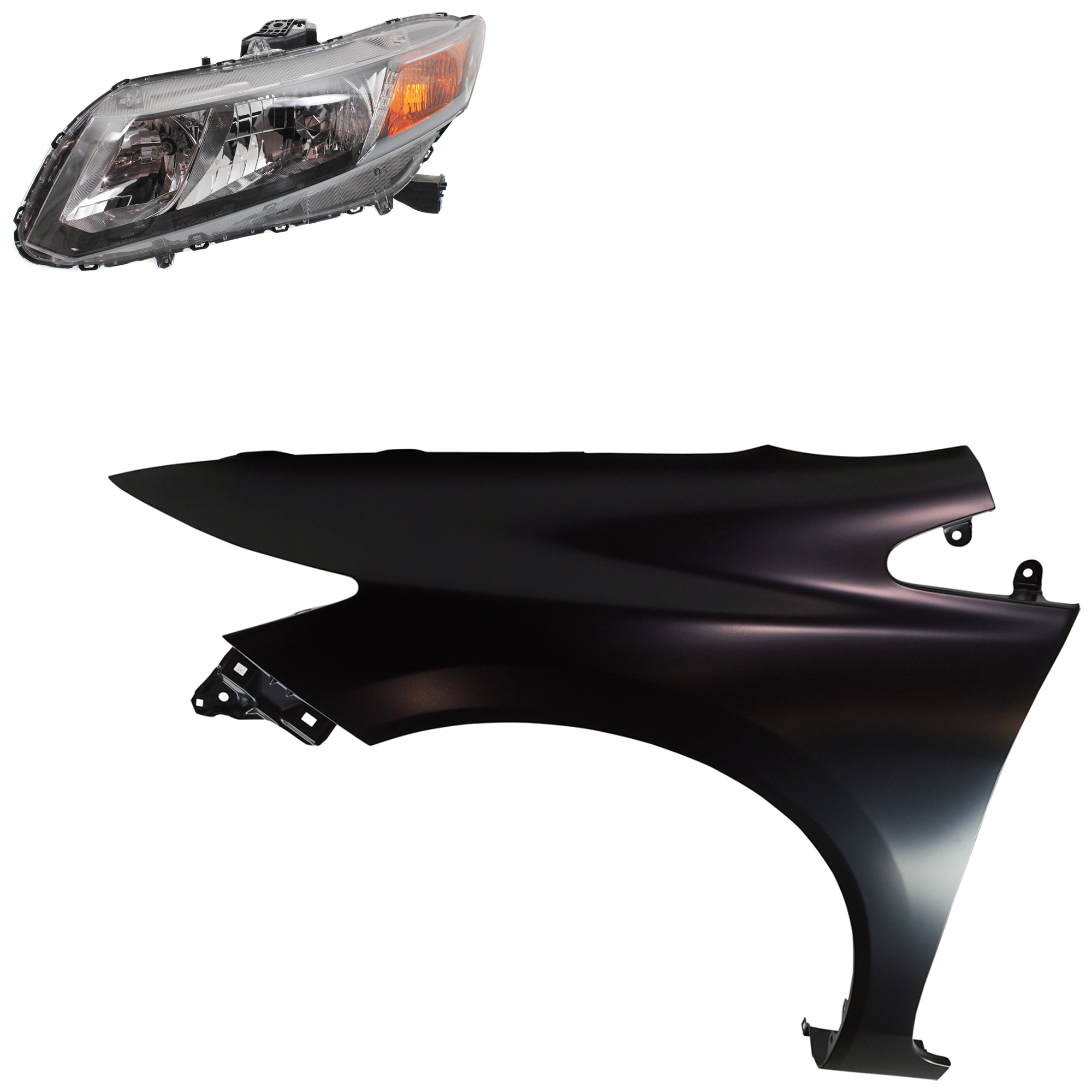 AM CIVIC 12-12 HEAD LAMP LH Assembly Halogen 2 pc Kit with Fender SKU KIT 030323-17705 Partslink HO2502144 HO1240181 OEM 33150TR0A01-60261TR6305ZZ