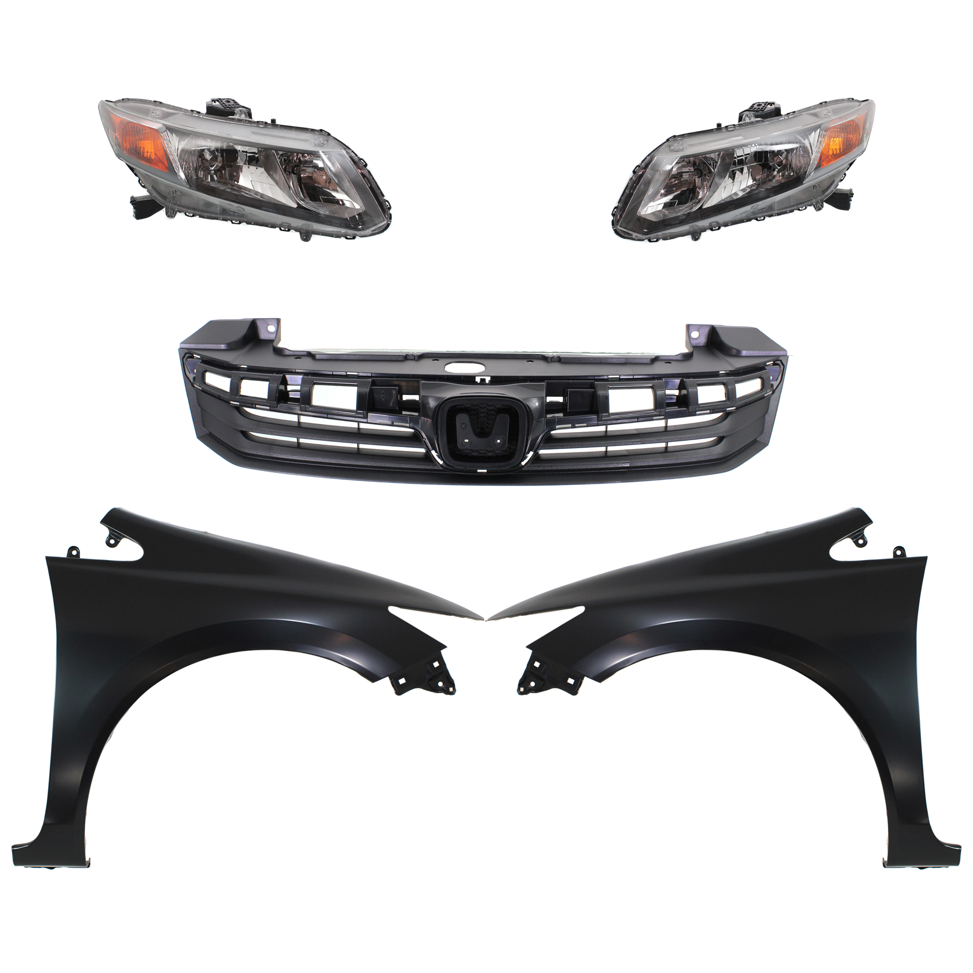 AM CIVIC 12-12 HEAD LAMP RH AND LH Assembly Halogen 5 pc Kit with Fenders and Grille SKU KIT 030323-177 Partslink HO2502144 HO2503144 HO1240181 HO1241181 HO1200206 OEM 33100TR0A01-33150TR0A01-60261T
