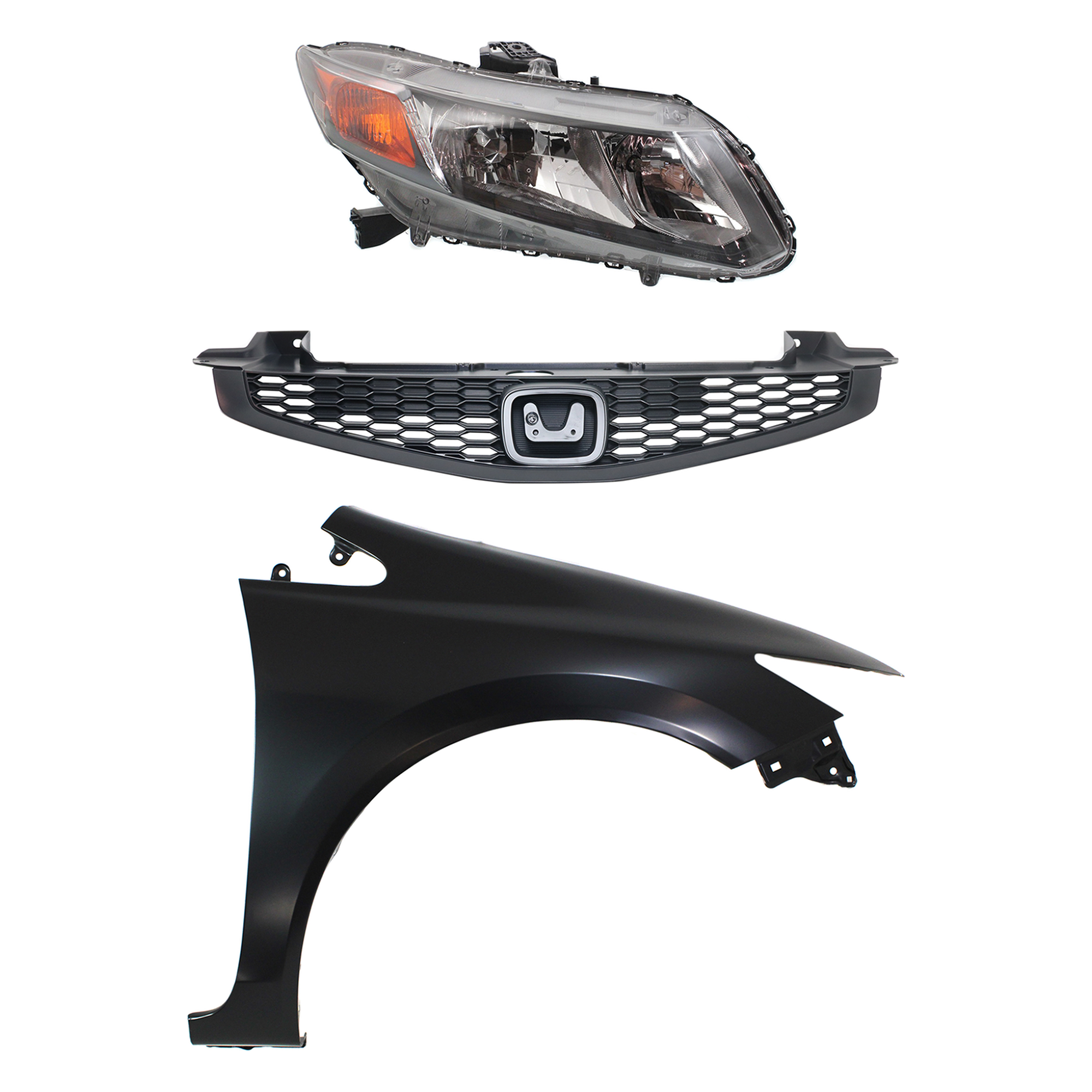 AM CIVIC 12-12 HEAD LAMP RH Assembly Halogen 3 pc Kit with Fender and Grille SKU KIT 030323-17801 Partslink HO2503144 HO1241181 HO1200209 OEM 33100TR0A01-60211TR6305ZZ 7112
