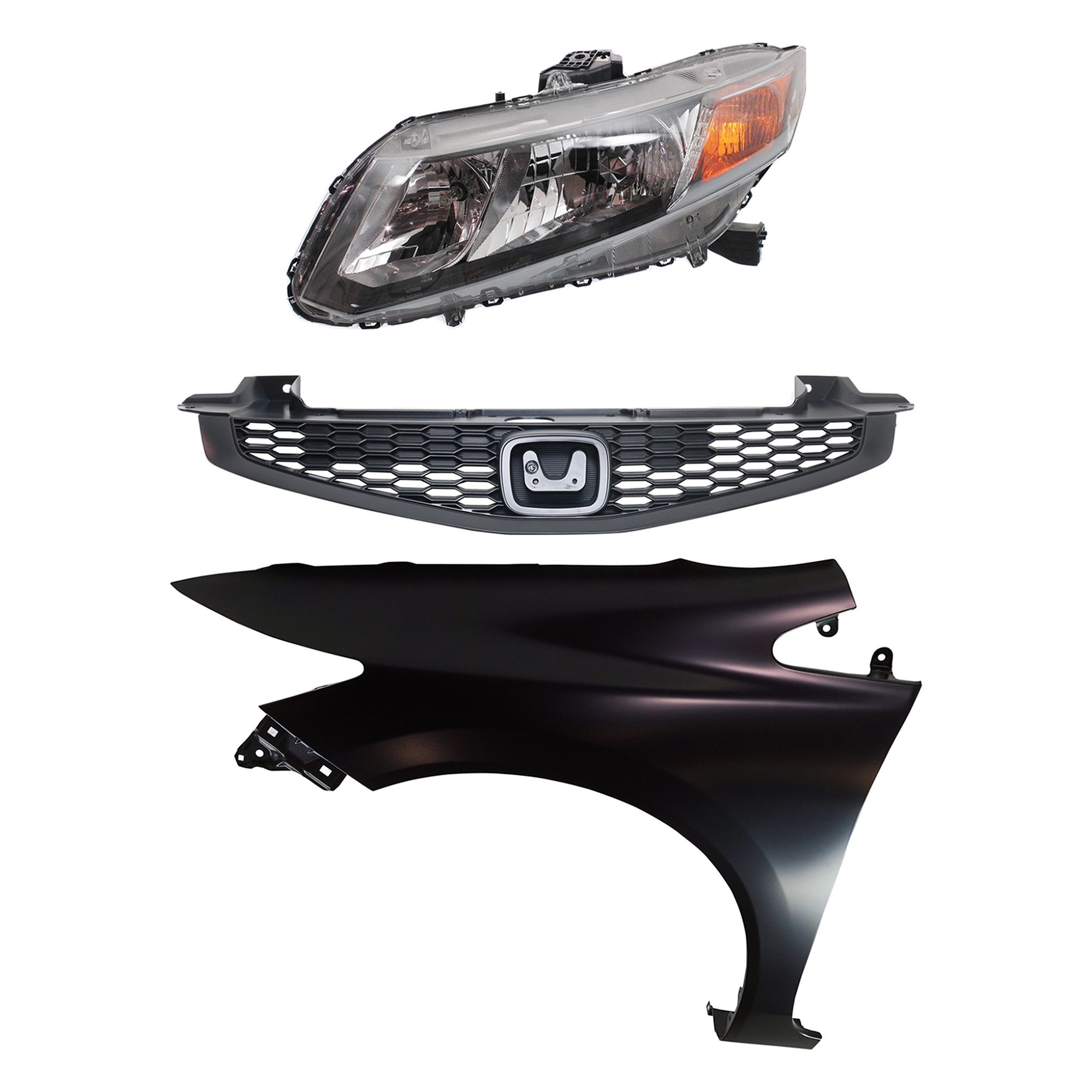 AM CIVIC 12-12 HEAD LAMP LH Assembly Halogen 3 pc Kit with Fender and Grille SKU KIT 030323-17802 Partslink HO2502144 HO1240181 HO1200209 OEM 33150TR0A01-60261TR6305ZZ 7112