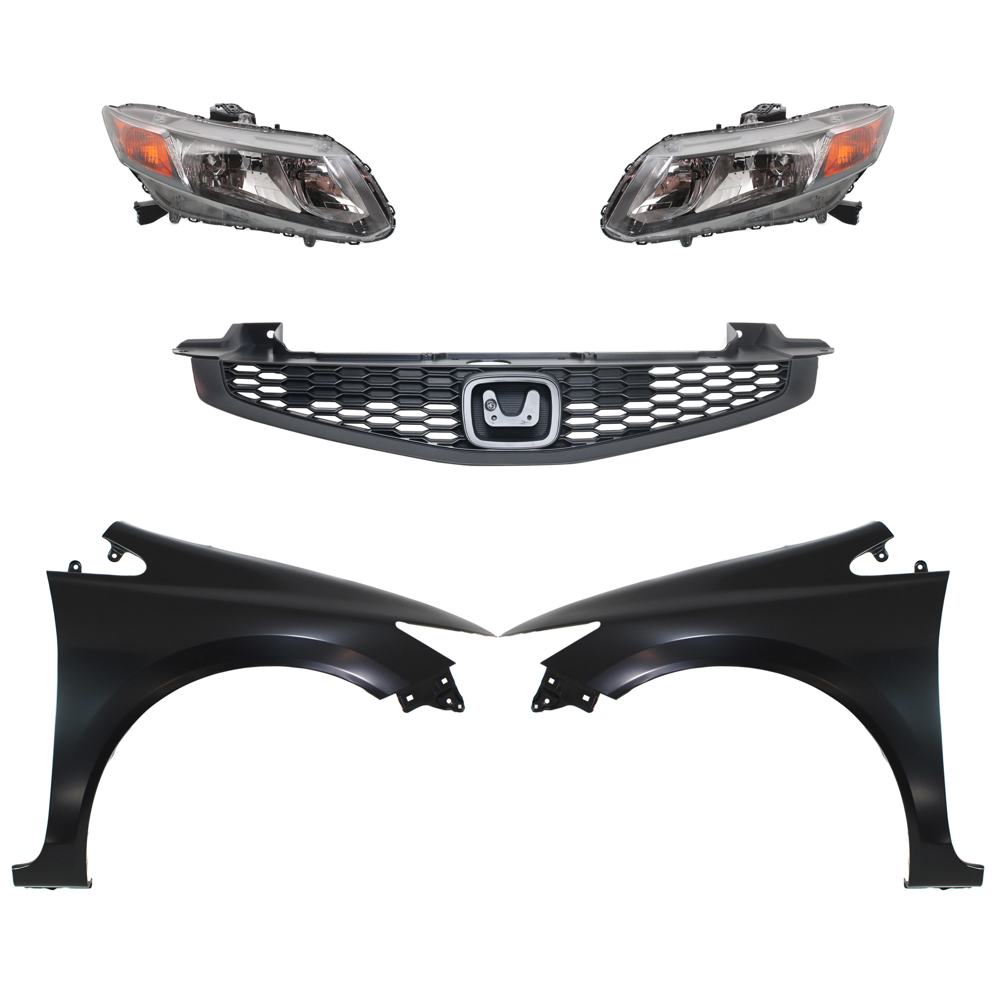 AM CIVIC 12-12 HEAD LAMP RH AND LH Assembly Halogen 5 pc Kit with Fenders and Grille SKU KIT 030323-178 Partslink HO2502144 HO2503144 HO1240181 HO1241181 HO1200209 OEM 33100TR0A01-33150TR0A01-60261T