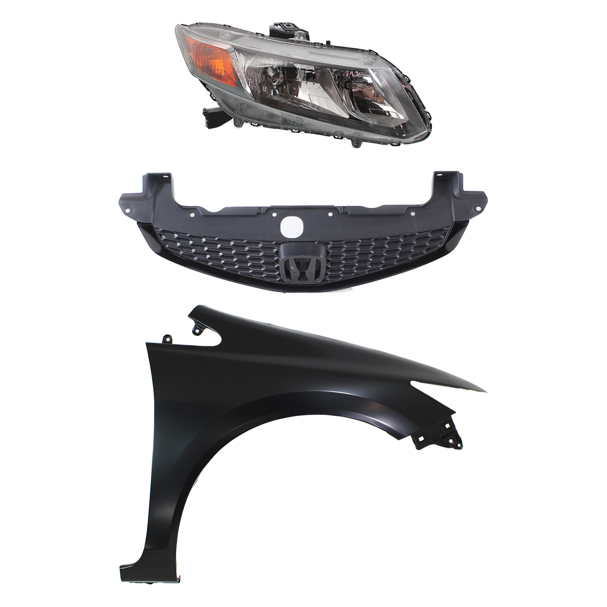 AM CIVIC 12-12 HEAD LAMP RH Assembly Halogen 3 pc Kit with Fender and Grille SKU KIT 030323-17901 Partslink HO2503144 HO1241181 HO1200212 OEM 33100TR0A01-60211TR6305ZZ 7112