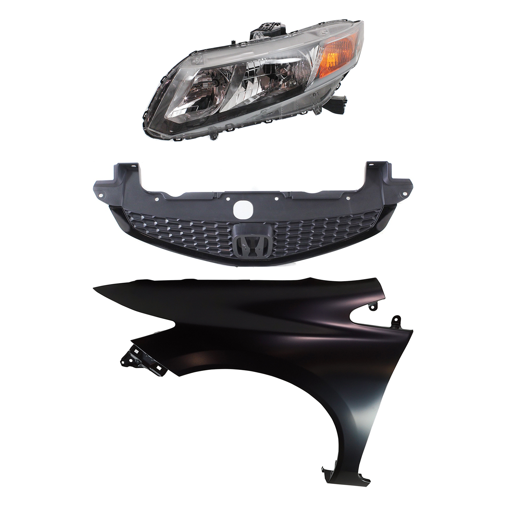 AM CIVIC 12-12 HEAD LAMP LH Assembly Halogen 3 pc Kit with Fender and Grille SKU KIT 030323-17902 Partslink HO2502144 HO1240181 HO1200212 OEM 33150TR0A01-60261TR6305ZZ 7112