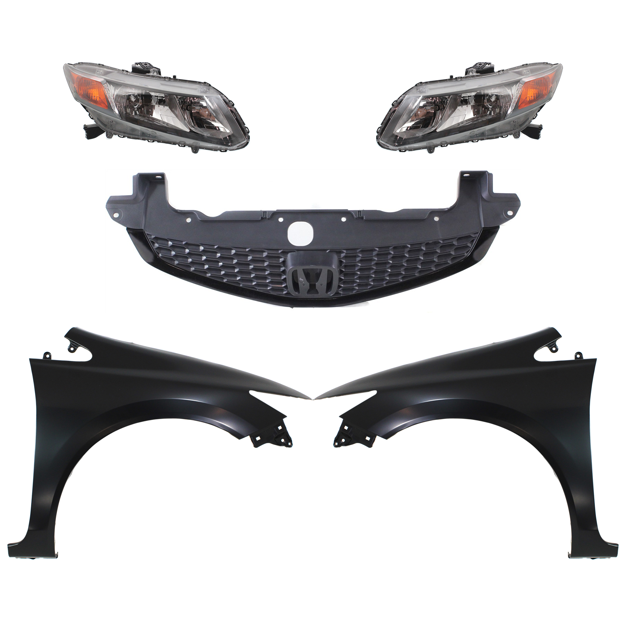 AM CIVIC 12-12 HEAD LAMP RH AND LH Assembly Halogen 5 pc Kit with Fenders and Grille SKU KIT 030323-179 Partslink HO2503144 HO2502144 HO1240181 HO1241181 HO1200212 OEM 33100TR0A01-33150TR0A01-60261T