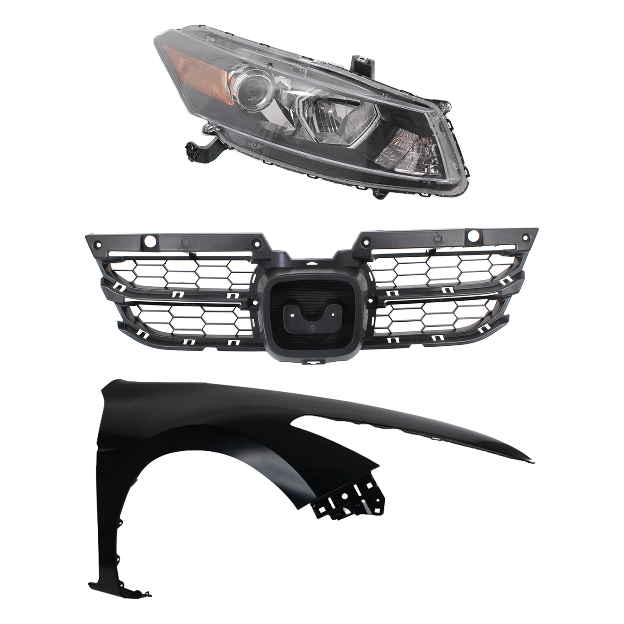AM ACCORD 11-12 HEAD LAMP RH Assembly Halogen 3 pc Kit with Fender and Grille Assembly SKU KIT 030323-18301 Partslink HO2503141 HO2503135 HO1241174 HO1223103 OEM 33100TE0A11-33100TE0A01-60210T