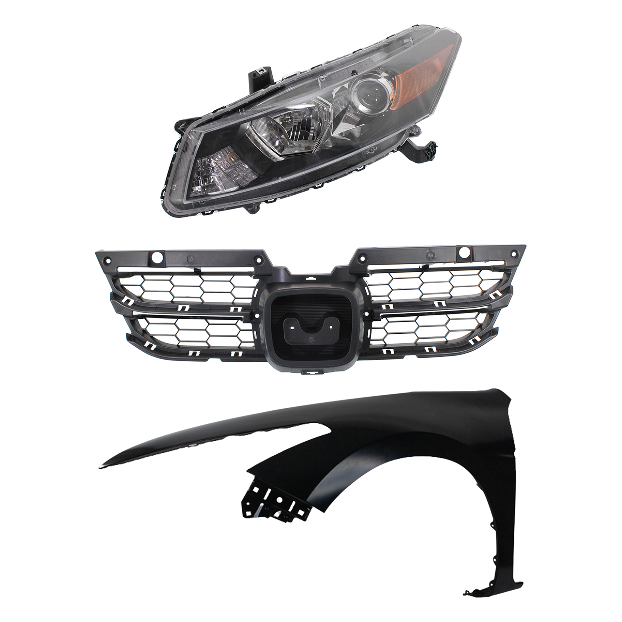 AM ACCORD 11-12 HEAD LAMP LH Assembly Halogen 3 pc Kit with Fender and Grille Assembly SKU KIT 030323-18302 Partslink HO2502141 HO2502135 HO1240174 HO1223103 OEM 33150TE0A11-33150TE0A01-60260T