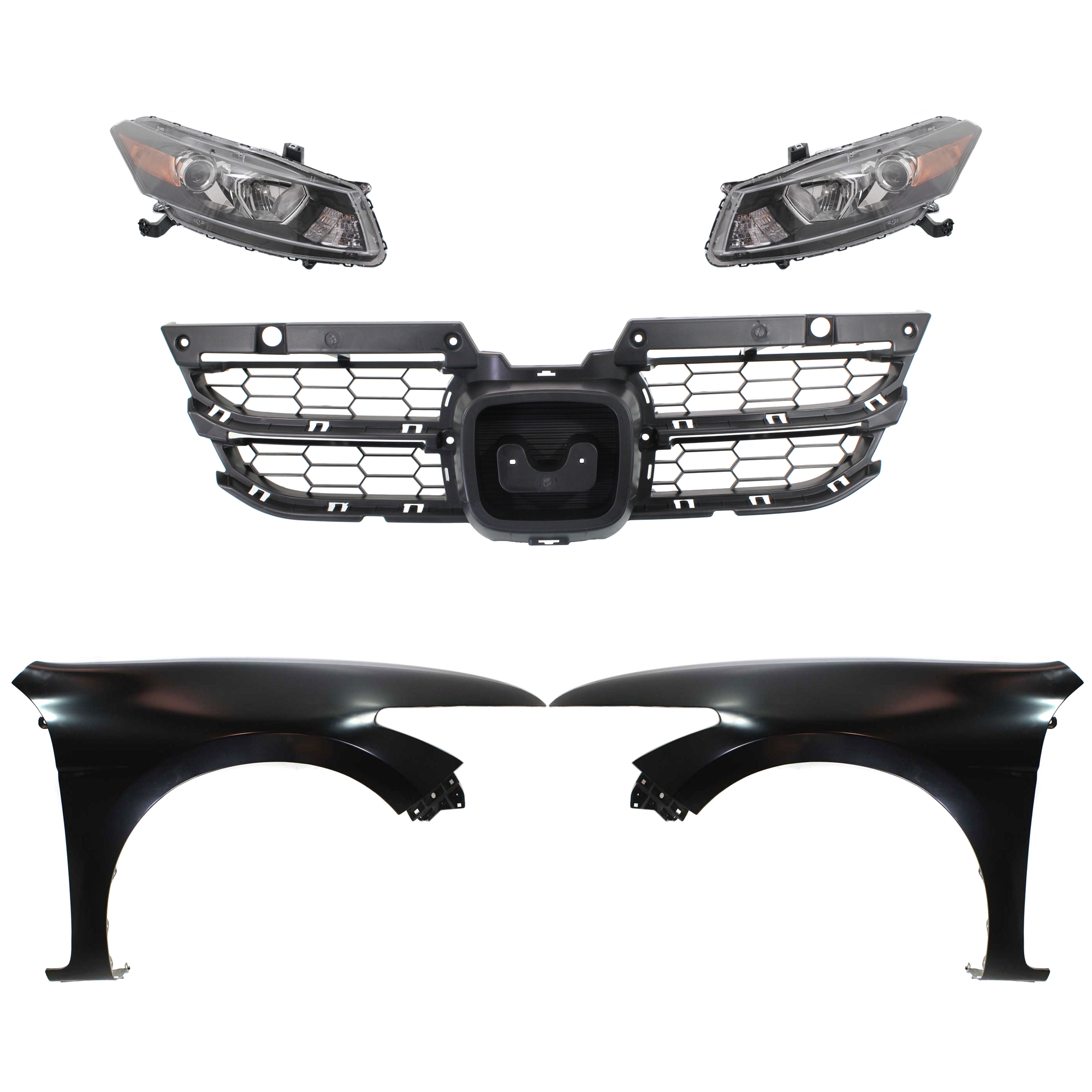 AM ACCORD 11-12 HEAD LAMP RH AND LH Assembly Halogen 5 pc Kit with Fenders and Grille Assembly SKU KIT 030323-183 Partslink HO2503141 HO2503135 HO2502141 HO2502135 HO1241174 HO1240174 HO1223103 OEM 33100TE0A11-33100TE0A01-33150T
