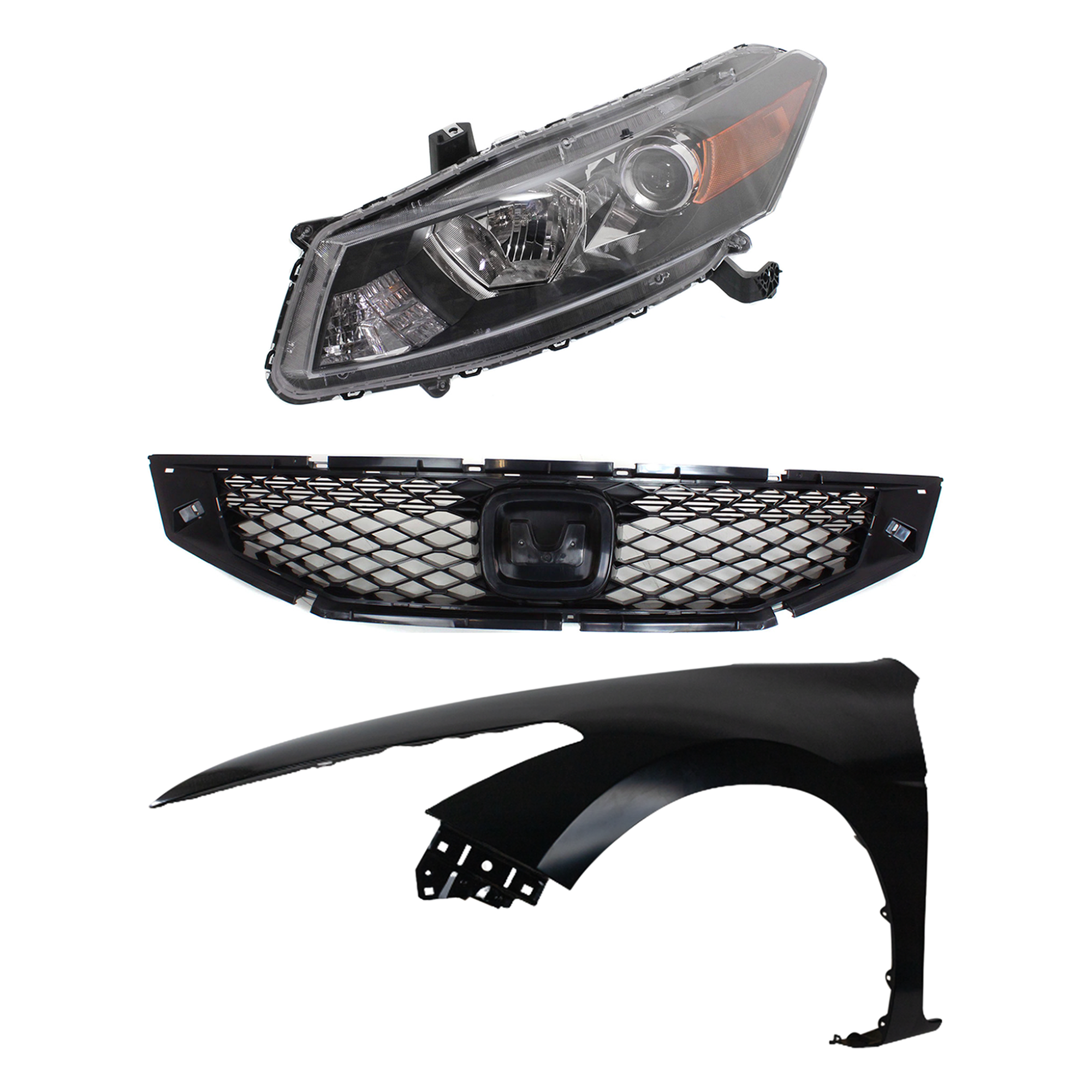 AM ACCORD 08-10 HEAD LAMP LH Assembly Halogen 3 pc Kit with Fender and Grille Assembly SKU KIT 030323-18402 Partslink HO2502141 HO2502135 HO1240174 HO1200192 OEM 33150TE0A11-33150TE0A01-60260T