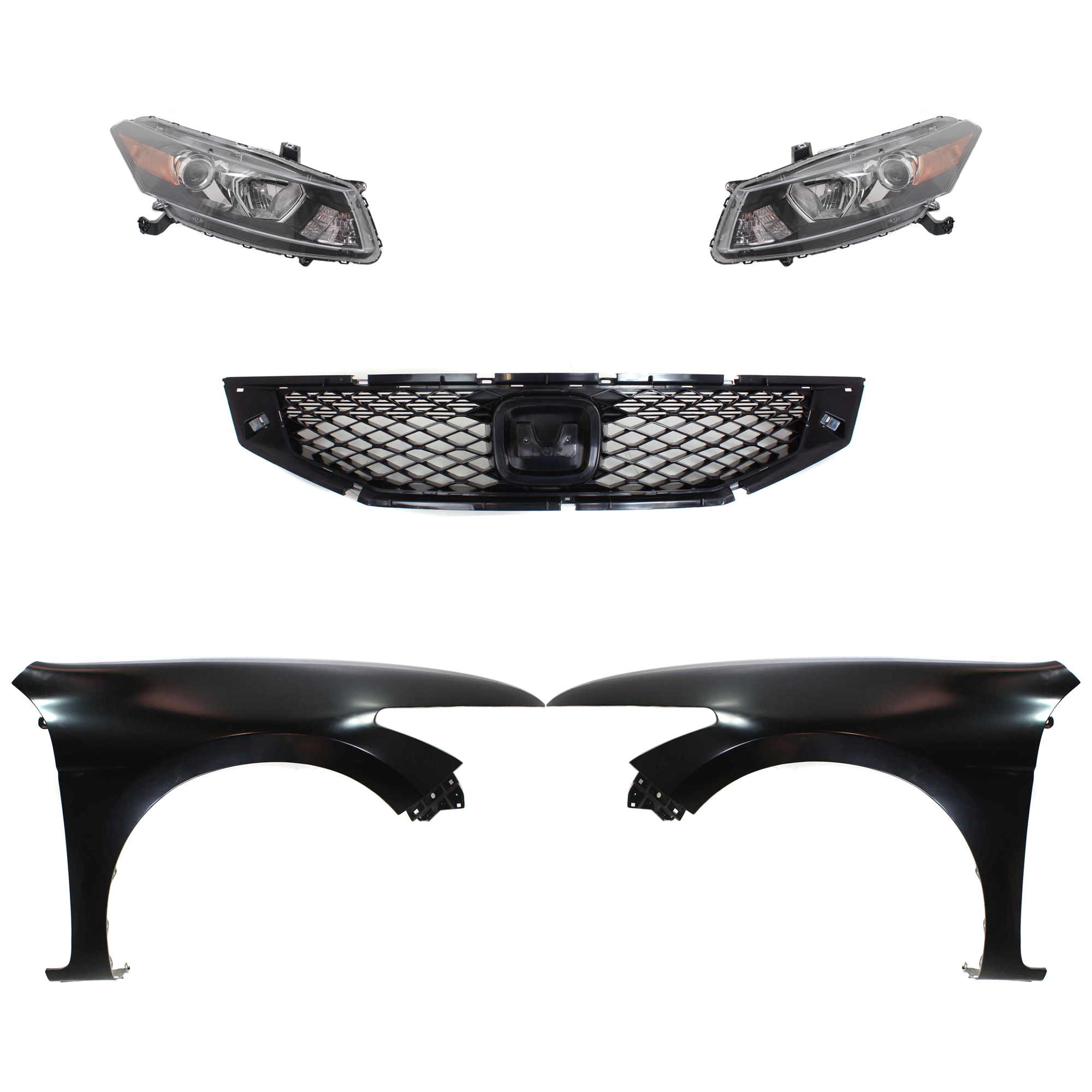 AM ACCORD 08-10 HEAD LAMP RH AND LH Assembly Halogen 5 pc Kit with Fenders and Grille Assembly SKU KIT 030323-184 Partslink HO2503141 HO2503135 HO2502141 HO2502135 HO1241174 HO1240174 HO1200192 OEM 33100TE0A11-33100TE0A01-33150T