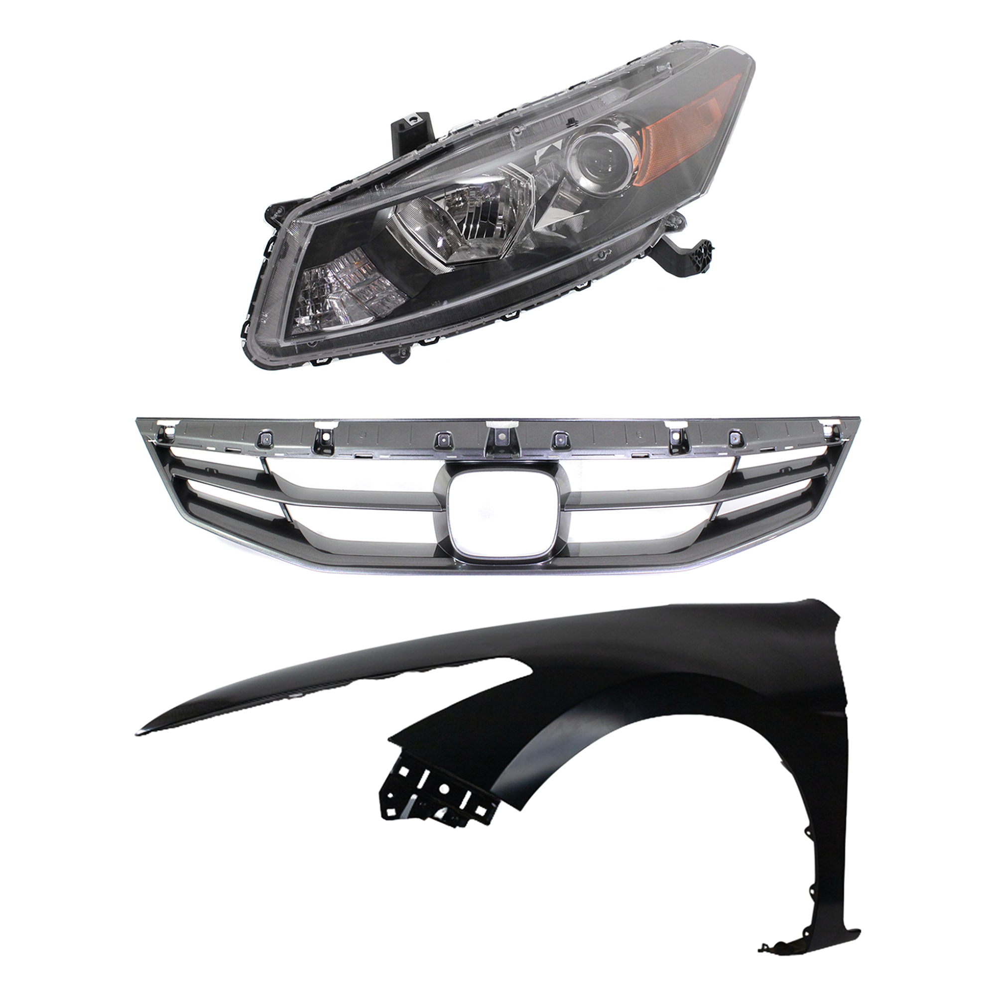 AM ACCORD 11-12 HEAD LAMP LH Assembly Halogen 3 pc Kit with Fender and Grille Assembly SKU KIT 030323-18502 Partslink HO2502141 HO2502135 HO1240174 HO1200202 OEM 33150TE0A11-33150TE0A01-60260T