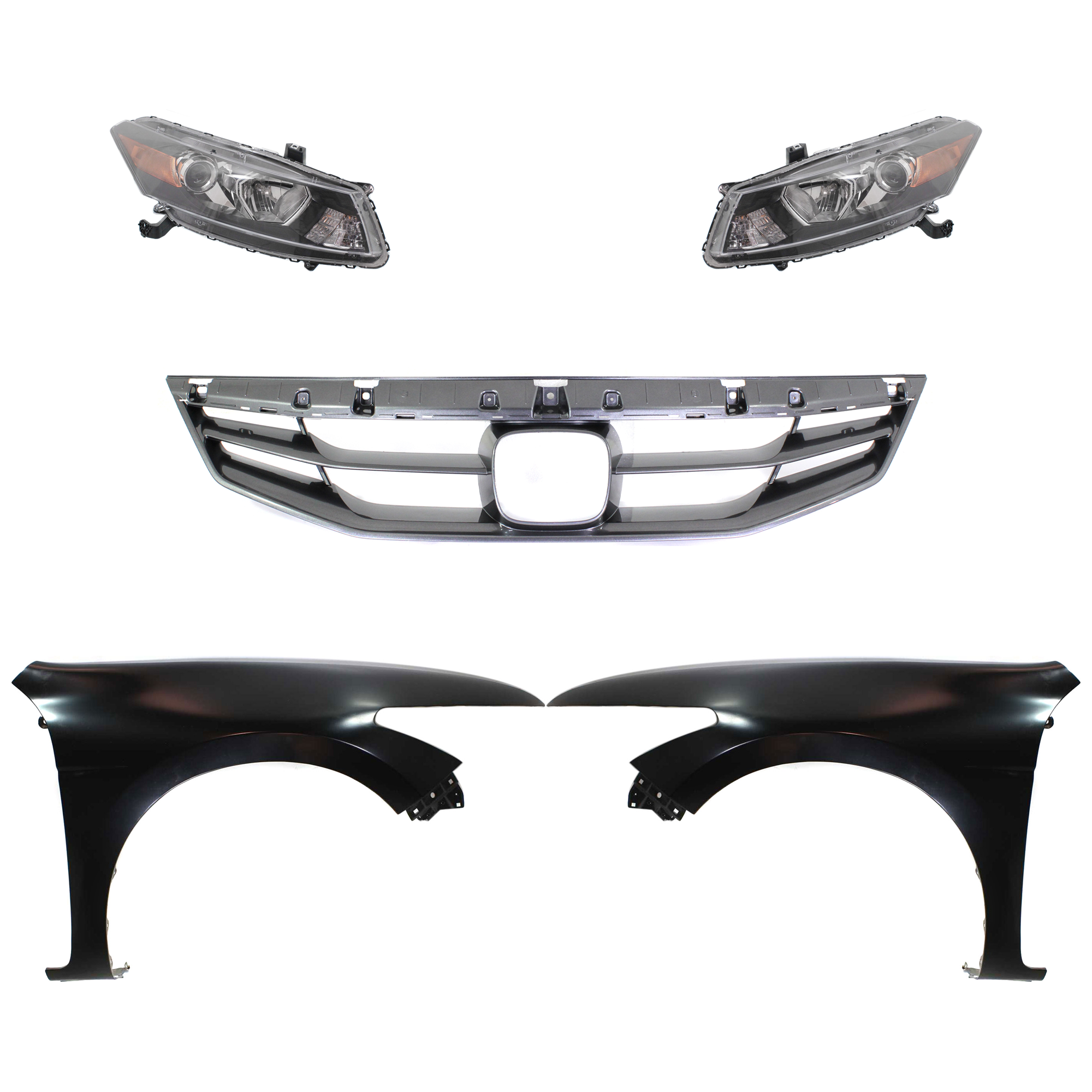 AM ACCORD 11-12 HEAD LAMP RH AND LH Assembly Halogen 5 pc Kit with Fenders and Grille Assembly SKU KIT 030323-185 Partslink HO2502141 HO2502135 HO2503141 HO2503135 HO1241174 HO1240174 HO1200202 OEM 33100TE0A11-33100TE0A01-33150T