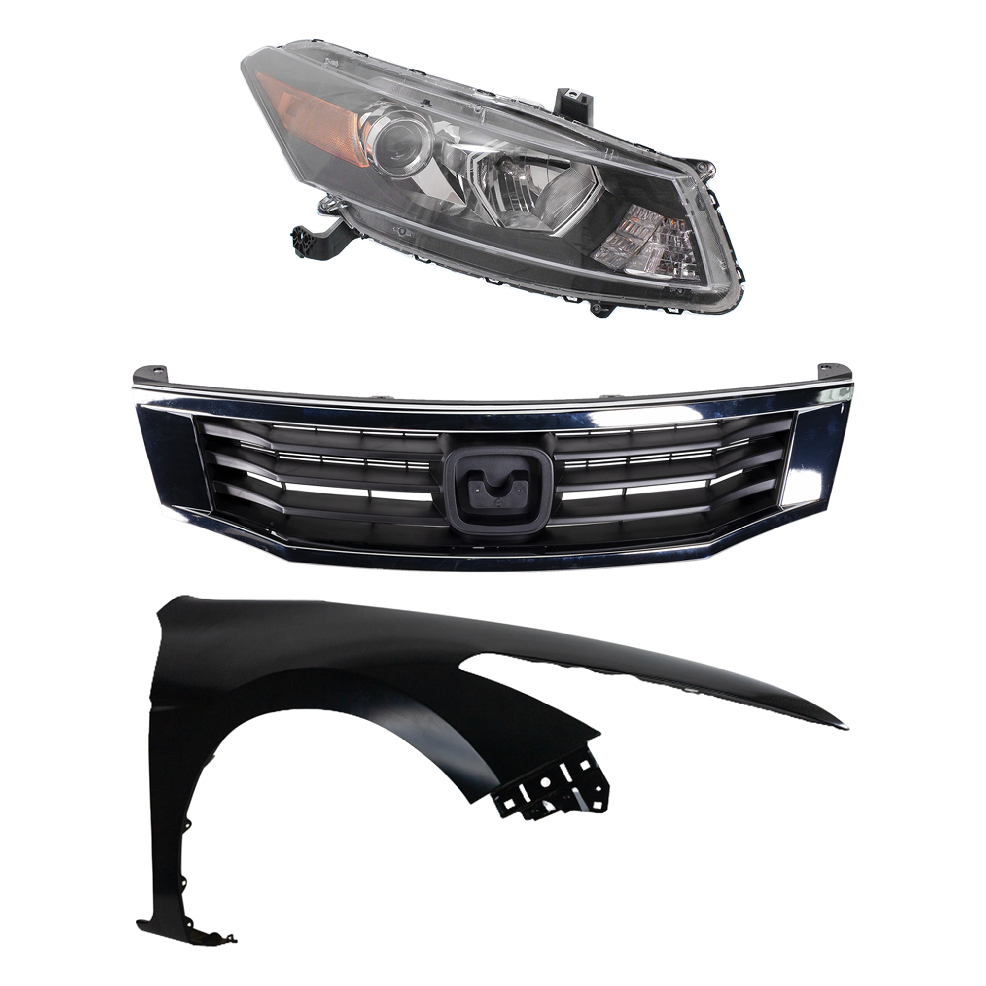 AM ACCORD 08-10 HEAD LAMP RH Assembly Halogen 3 pc Kit with Fender and Grille Assembly SKU KIT 030323-18601 Partslink HO2503141 HO2503135 HO1241174 HO1200222 OEM 33100TE0A11-33100TE0A01-60210T