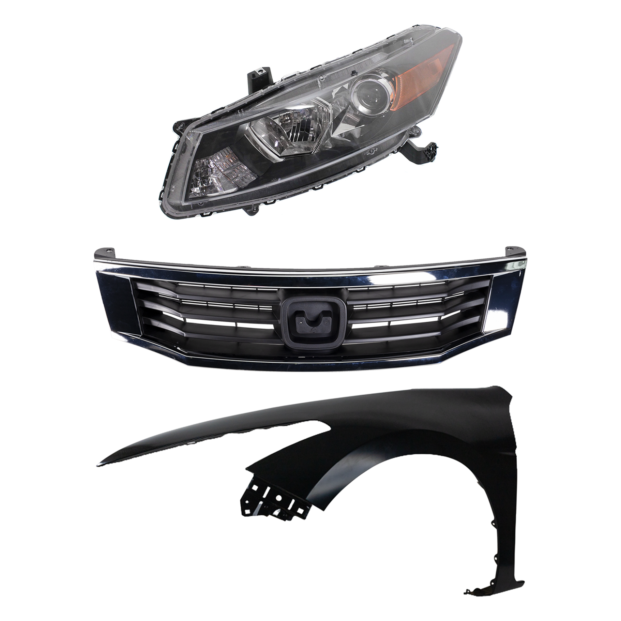 AM ACCORD 08-10 HEAD LAMP LH Assembly Halogen 3 pc Kit with Fender and Grille Assembly SKU KIT 030323-18602 Partslink HO2502141 HO2502135 HO1240174 HO1200222 OEM 33150TE0A11-33150TE0A01-60260T