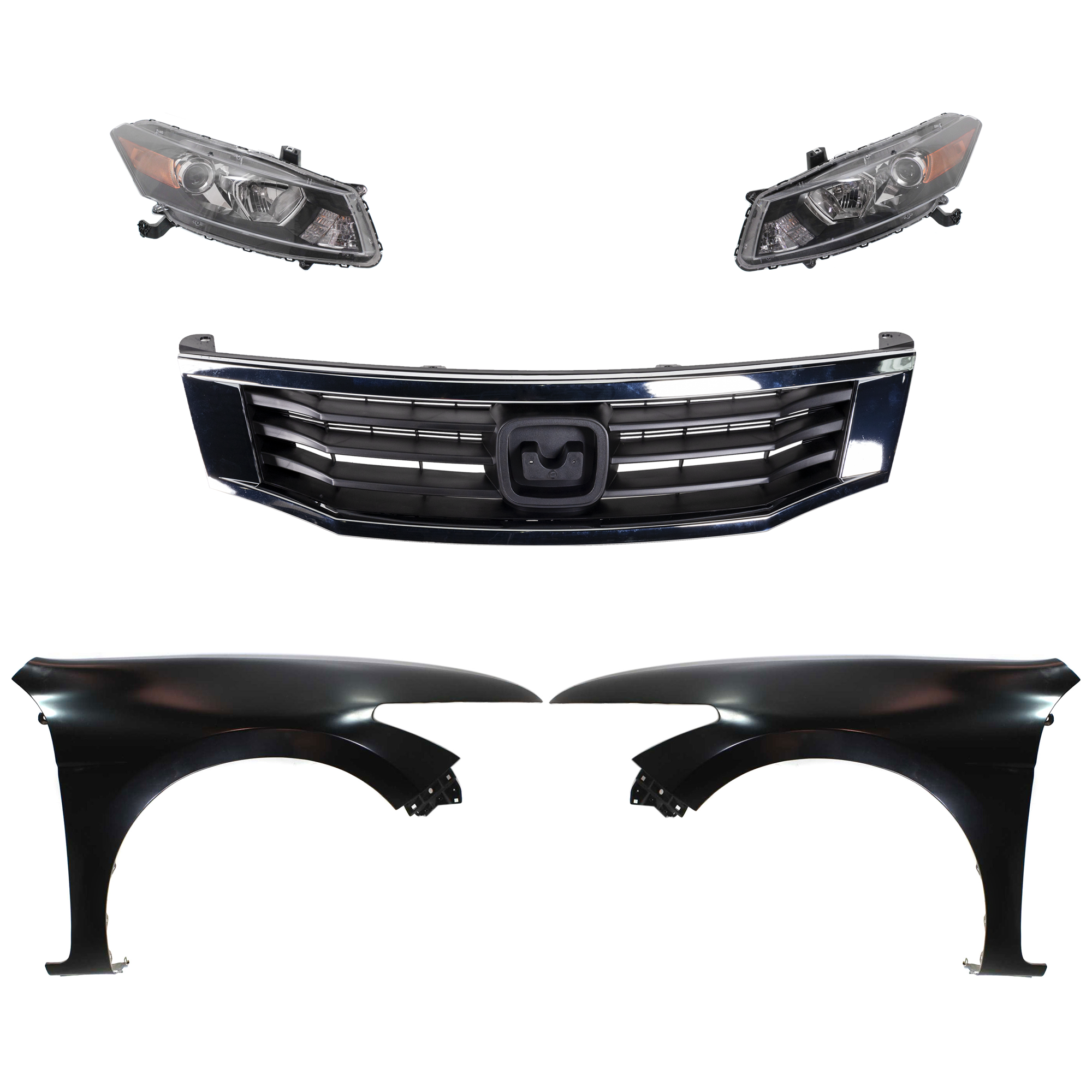 AM ACCORD 08-10 HEAD LAMP RH AND LH Assembly Halogen 5 pc Kit with Fenders and Grille Assembly SKU KIT 030323-186 Partslink HO2502141 HO2502135 HO2503141 HO2503135 HO1241174 HO1240174 HO1200222 OEM 33100TE0A11-33100TE0A01-33150T