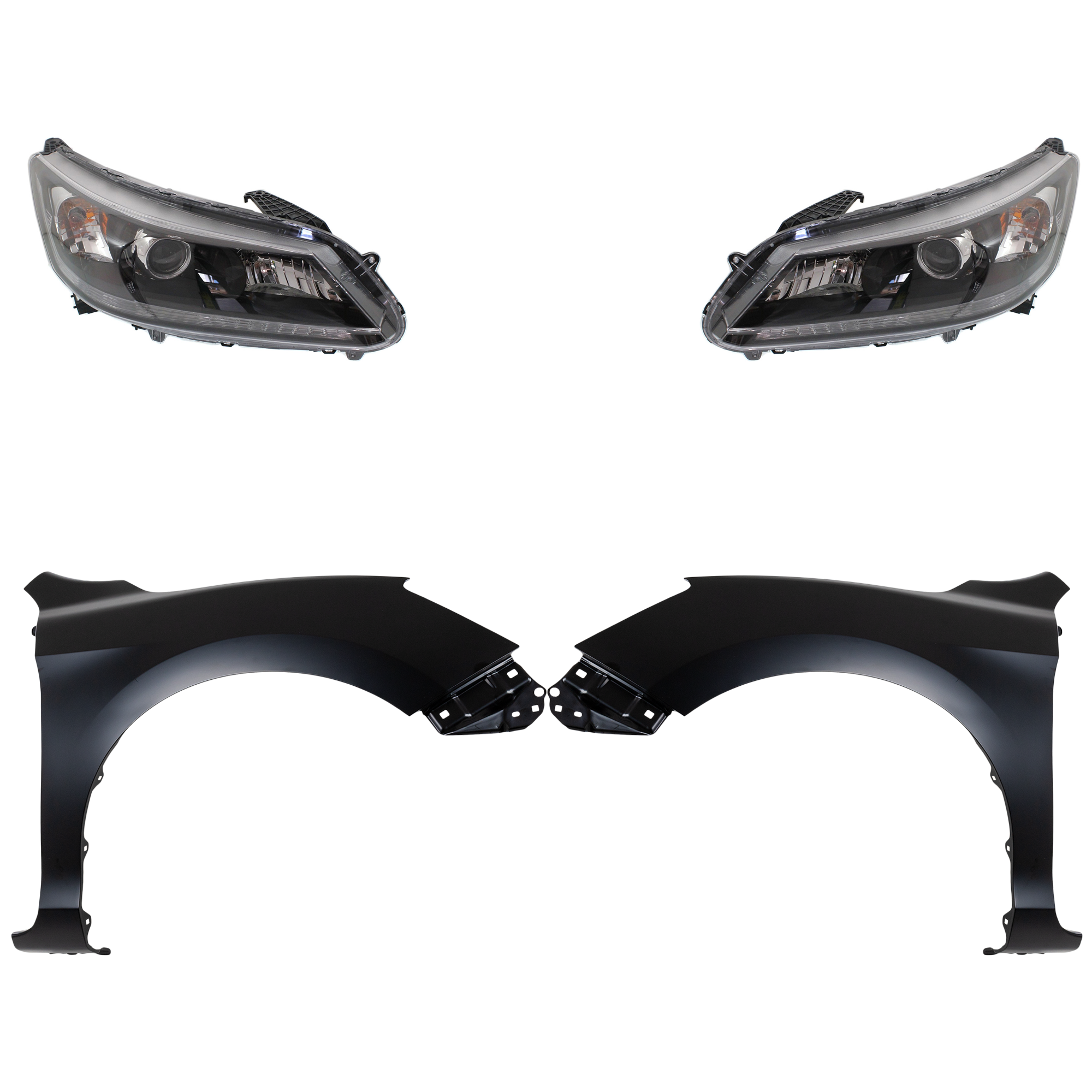 AM ACCORD 13-15 HEAD LAMP RH AND LH Assembly Halogen 4 pc Kit with Fenders SKU KIT 030323-19103 Partslink HO2503151 HO2502151 HO1240185 HO1241185 OEM 33100T2AA01-33150T2AA01-60261T