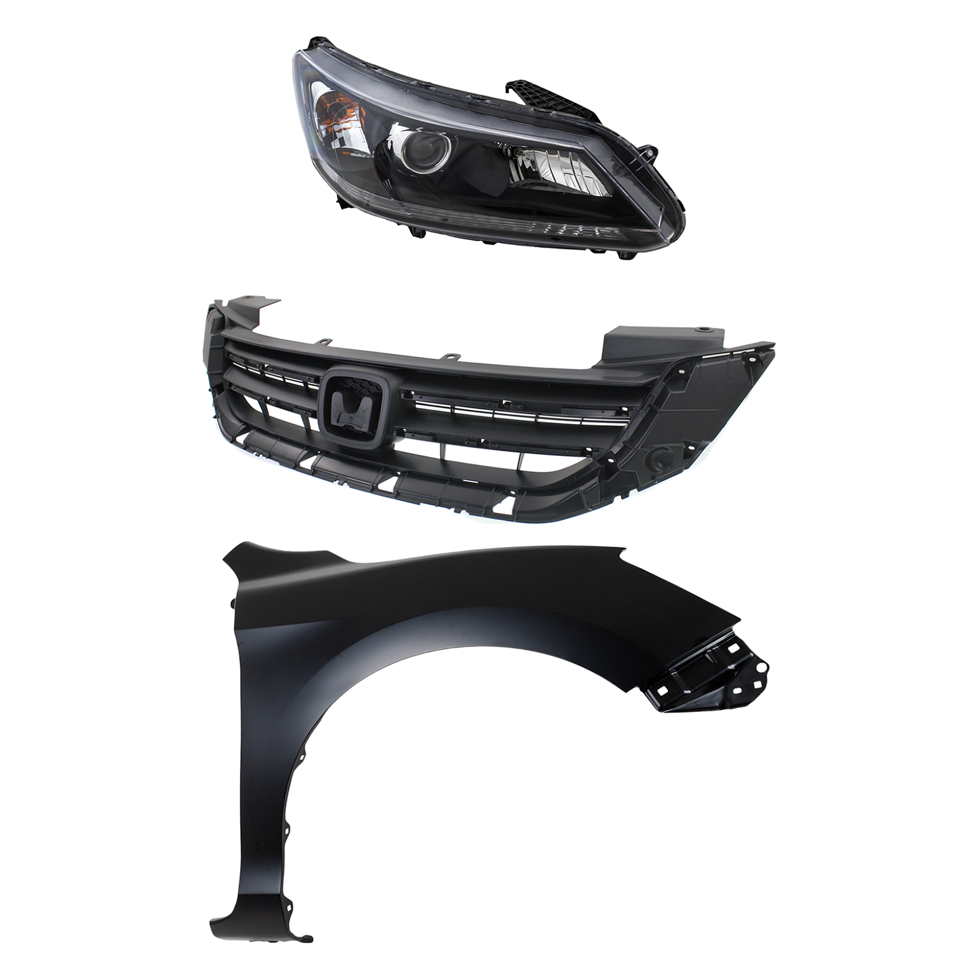 AM ACCORD 13-15 HEAD LAMP RH Assembly Halogen 3 pc Kit with Fender and Grille SKU KIT 030323-19301 Partslink HO2503151 HO1241185 HO1200214 OEM 33100T2AA01-60211T2FA90ZZ 7112