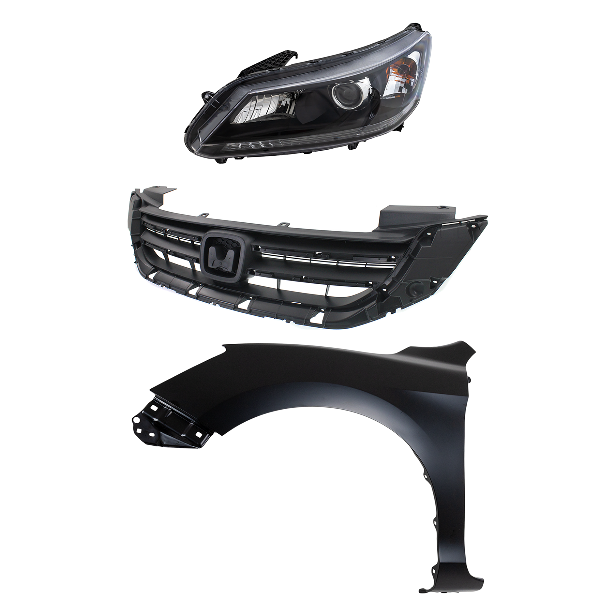 AM ACCORD 13-15 HEAD LAMP LH Assembly Halogen 3 pc Kit with Fender and Grille Assembly SKU KIT 030323-19302 Partslink HO2502151 HO1240185 HO1200214 OEM 33150T2AA01-60261T2FA90ZZ 7112