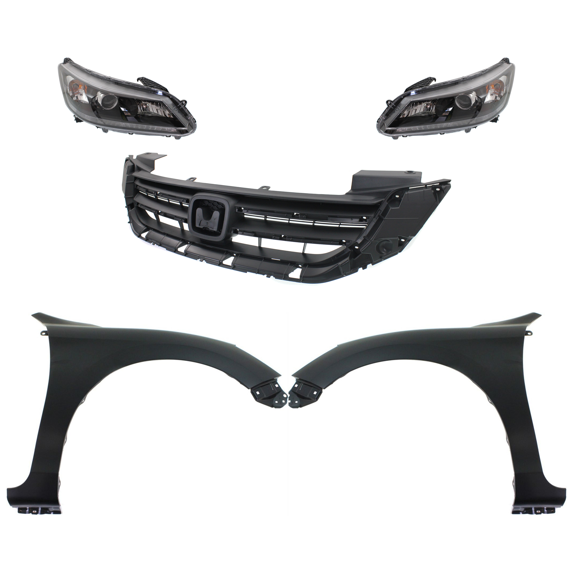 AM ACCORD 13-15 HEAD LAMP RH AND LH Assembly Halogen 5 pc Kit with Fenders and Grille SKU KIT 030323-193 Partslink HO2502151 HO2503151 HO1241185 HO1240185 HO1200214 OEM 33100T2AA01-33150T2AA01-60211T