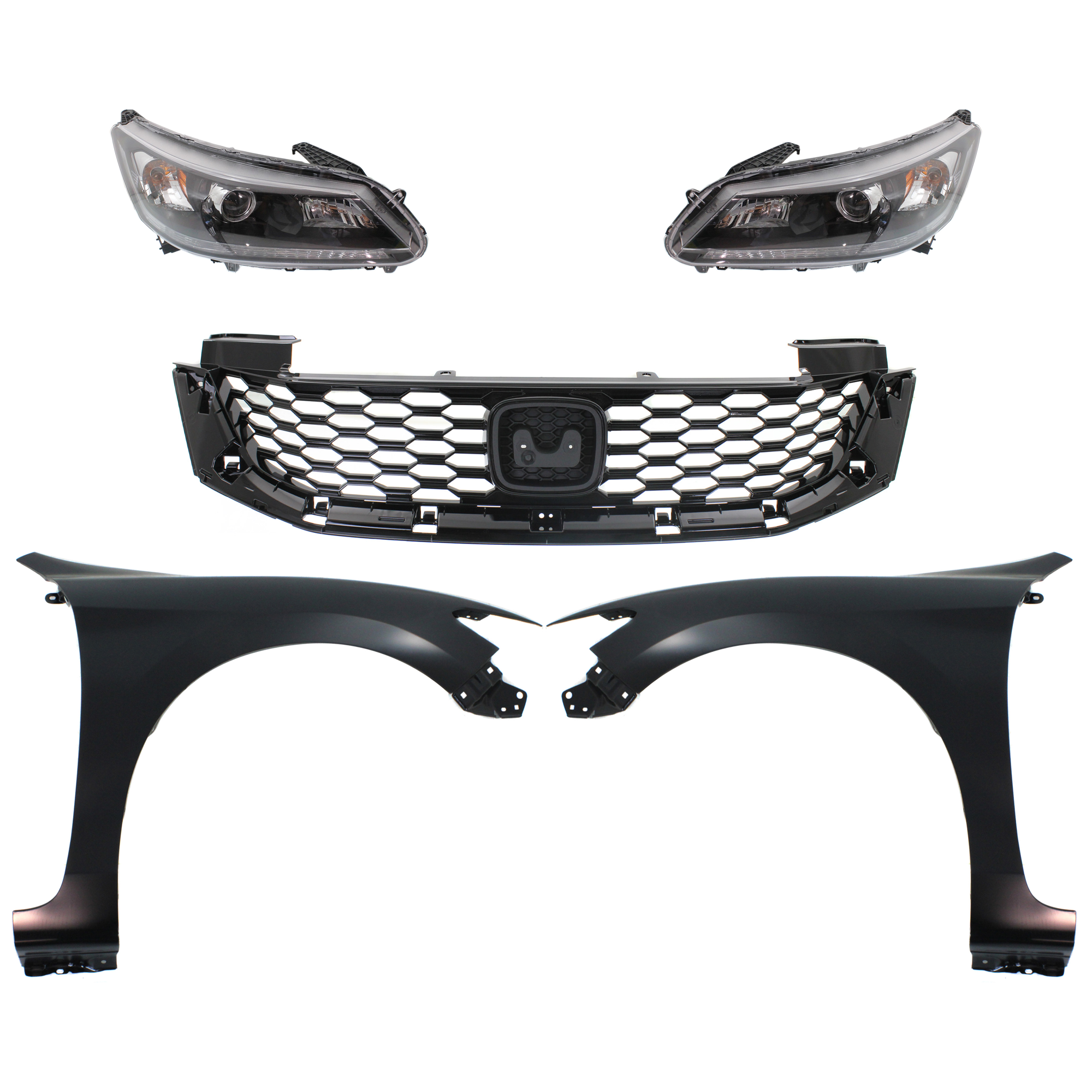 AM ACCORD 13-15 FRONT FENDER RH AND LH Primed 5 pc Kit with Grille and Headlights SKU KIT 030323-196 Partslink HO1240186 HO1241186 HO1200217 HO2502157 HO2503157 OEM 60211T3LA90ZZ 60261T3LA90ZZ 71